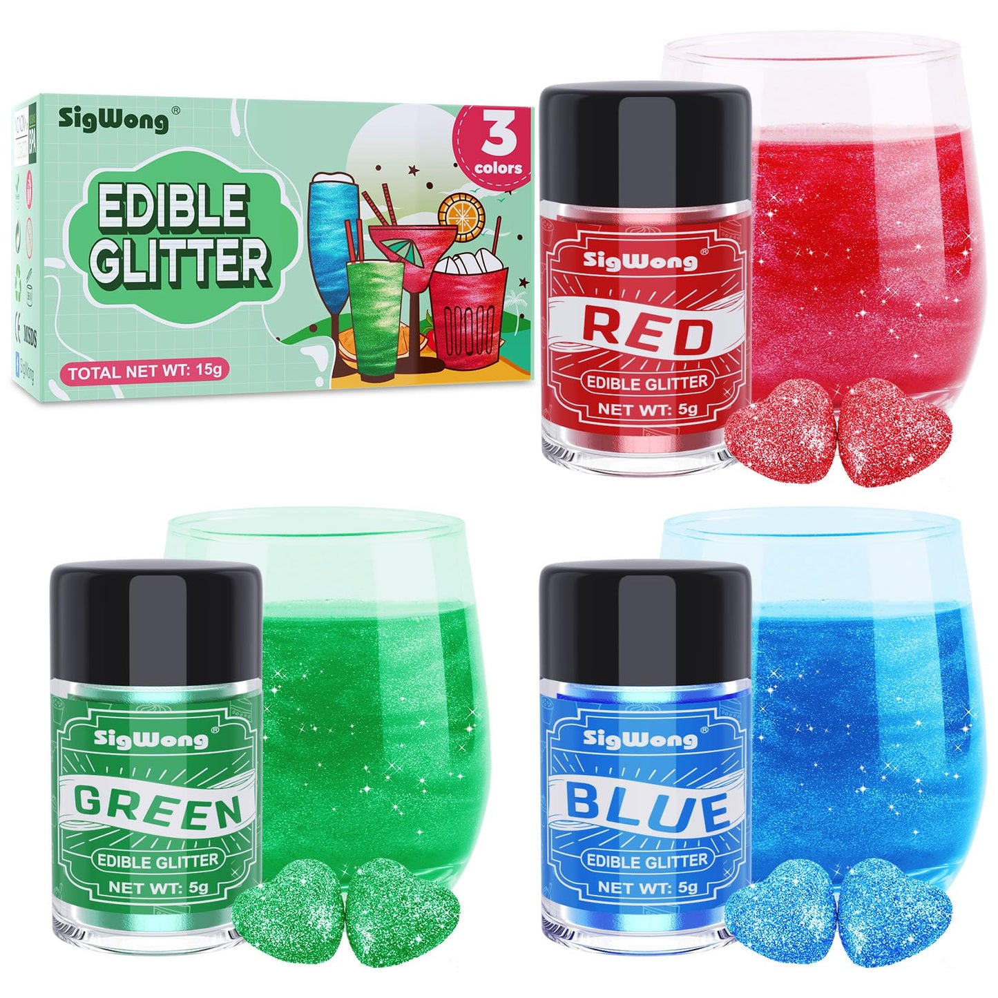 SigWong Edible Glitter Set - 3 Colors Luster Dust, Food Grade Metallic Sprinkles, 5g, Vegan, Red+Green+Blue