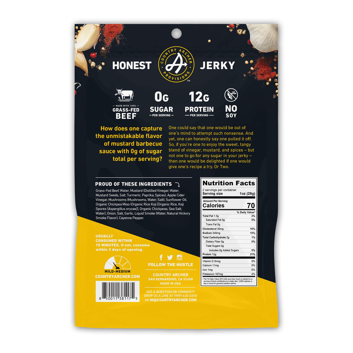 Country Archer Grass Fed Beef Jerky Mustard BBQ - Zero Sugar Beef Jerky, Sugar Free Beef Jerky Snack Pack, Mustard BBQ Beef Jerk