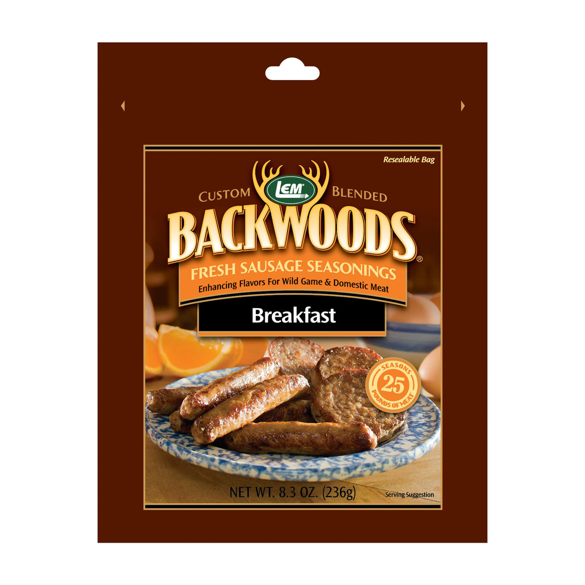 Lem Products Backwoods Breakfast Fresh Sausage Seasoning, Ideal For Wild Game And Domestic Meat, Seasons Up To 25 Pounds Of Meat, 8.3 Ounce Packet