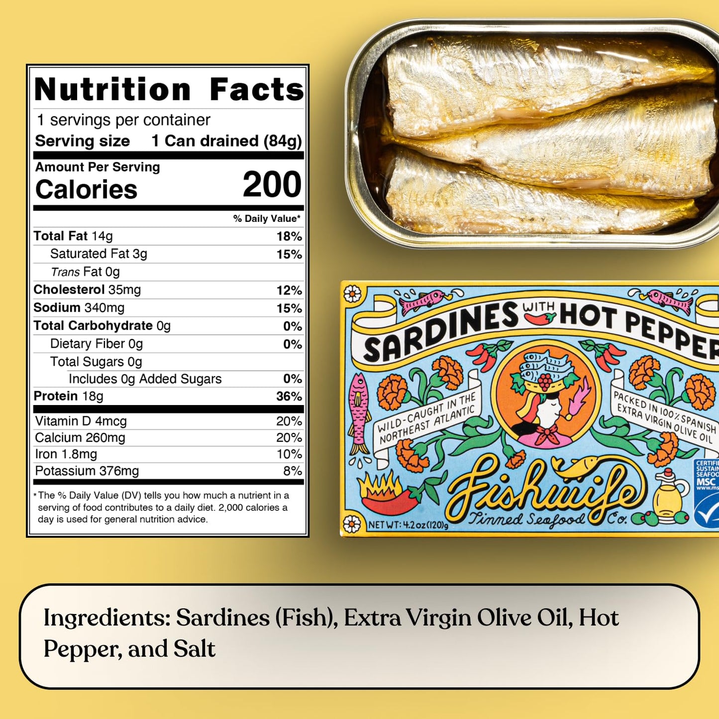 Fishwife Sardines with Hot Pepper 1-Pack (4.20 Ounce) - MSC-Certified Sustainable Seafood, High Protein, Gluten Free - Handpacke