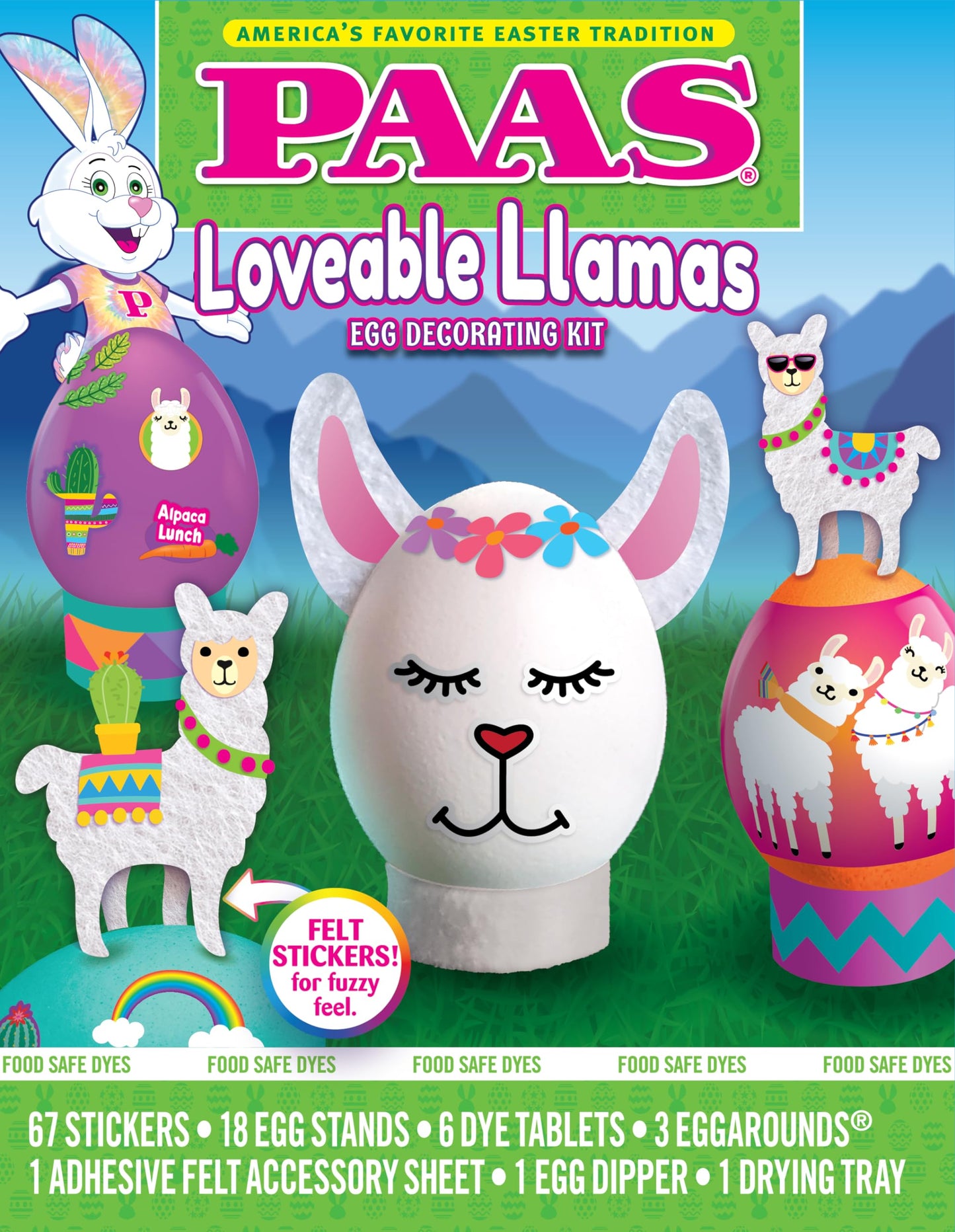 PAAS Loveable Llamas Egg Decorating Kit with Felt Stickers, Food Safe Dye, Egg Stands, and Accessories - White/Pink