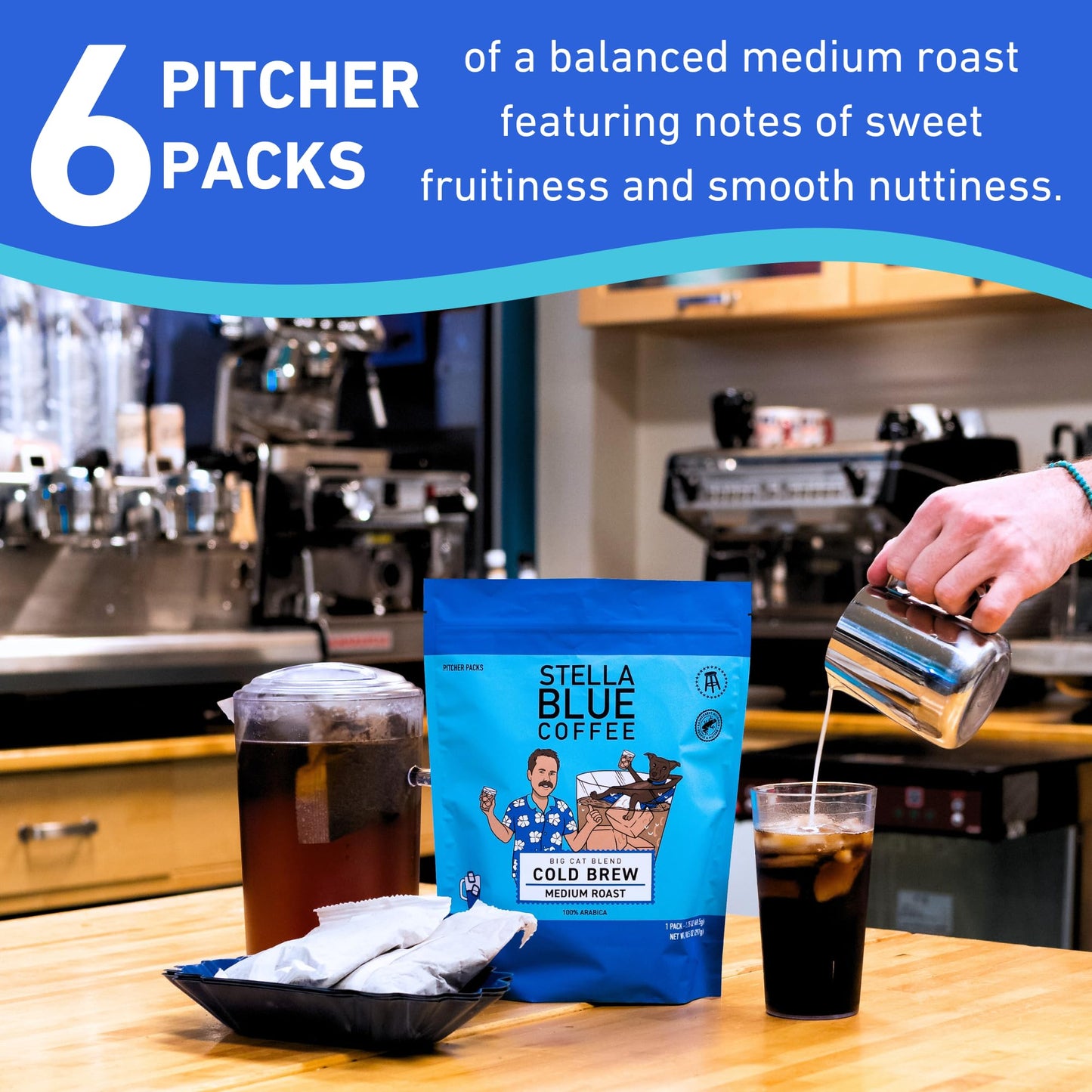 Stella Blue Cold Brew Arabica Big Cat Blend Coffee  6 Ready-to-Brew Packets  Enriching Caramel and Hazelnut Notes with Sweet Fruitiness - Fresh Cold Brew for True Fanatics