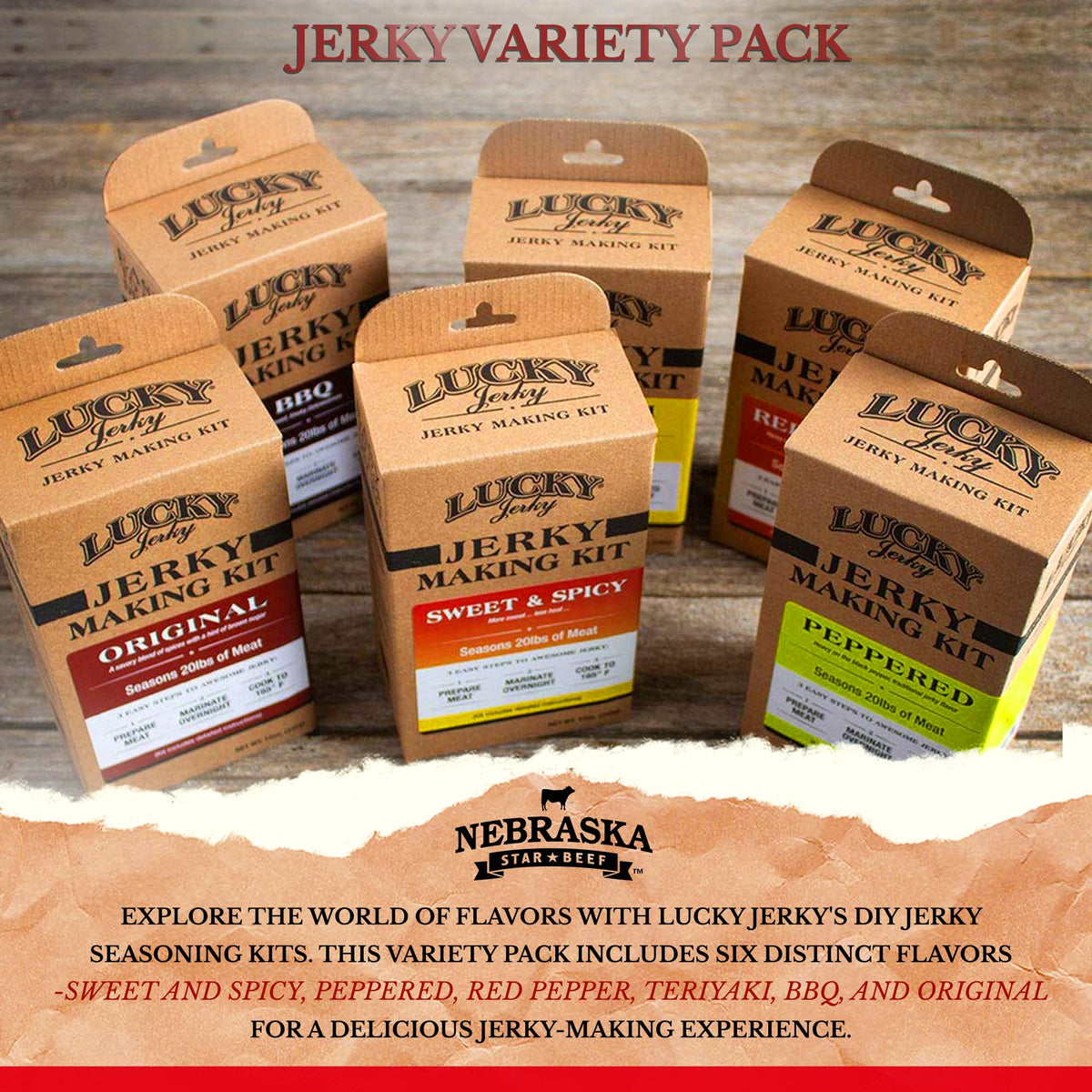 Lucky Beef Jerky DIY Jerky Seasoning and Cure Kits - Variety Pack with Six Flavors | Make Your Own with Sweet and Spicy  Peppered  Red Pepper  Teriyaki  BBQ  and Original- Season 120lbs of Meat