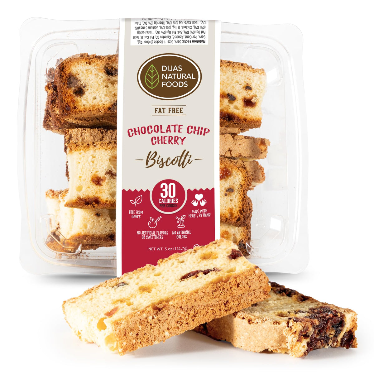Dijas Natural Foods, Crunchy Fat Free Biscotti Cookie, All Natural Preservative Free Ingredients, Delicious Low Calorie Snack (5 Ounces, Chocolate Chip Cherry)