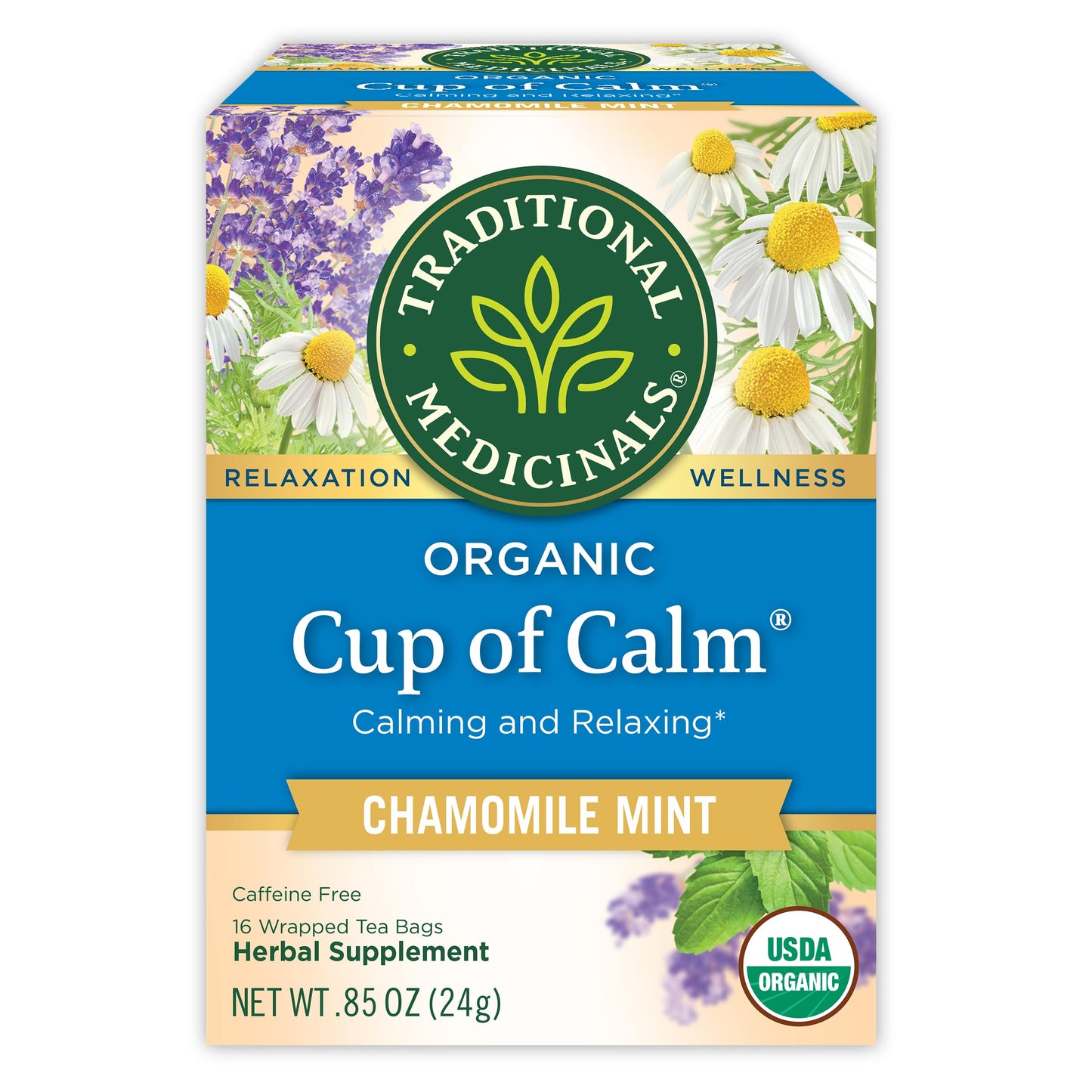 Traditional Medicinals Tea, Organic Cup of Calm, Calming & Relaxing with Chamomile Mint, 16 Tea Bags Packaging may vary