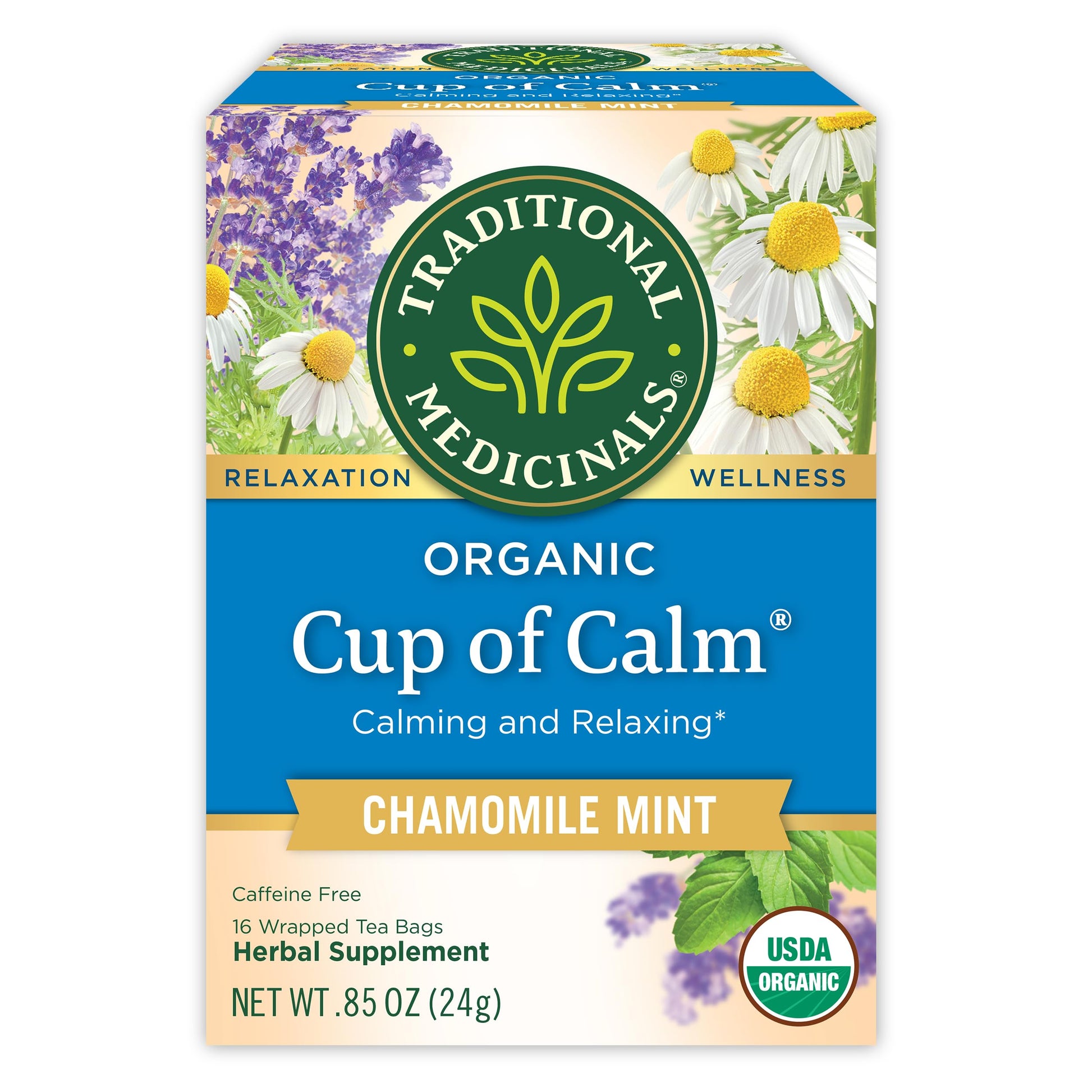Traditional Medicinals Tea, Organic Cup of Calm, Calming & Relaxing with Chamomile Mint, 16 Tea Bags Packaging may vary