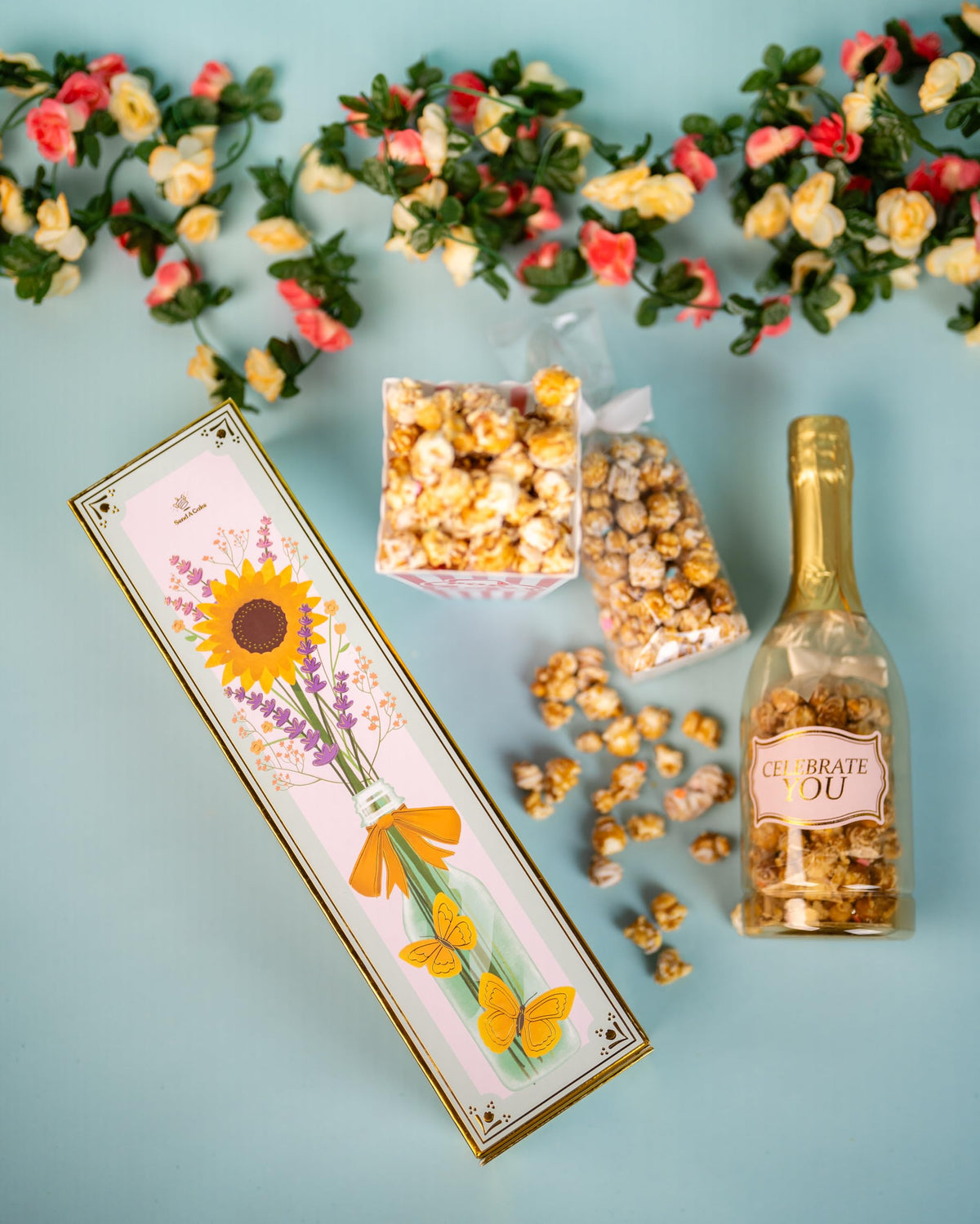 Birthday Floral Bubble Box With Caramel White Chocolate Popcorn By Send A Cake, Ready To Gift, No Assembly Required - Unique Happy Birthday Gift For Women, Men, Sister, Mom, Dad, Best Friend