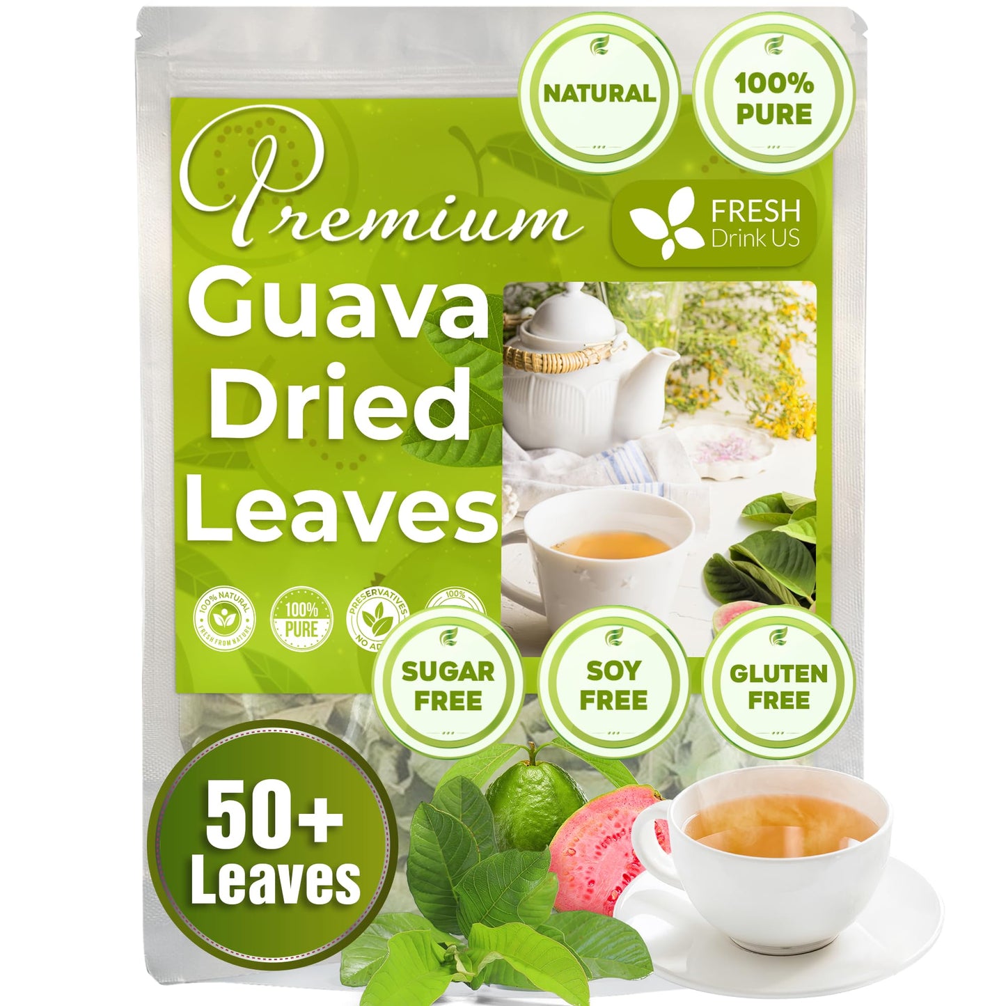 FRESHDRINKUS Premium Dried Guava Leaves Herbal Tea, 50 Count, 100% Pure, Non-GMO, Caffeine-Free, Vegan