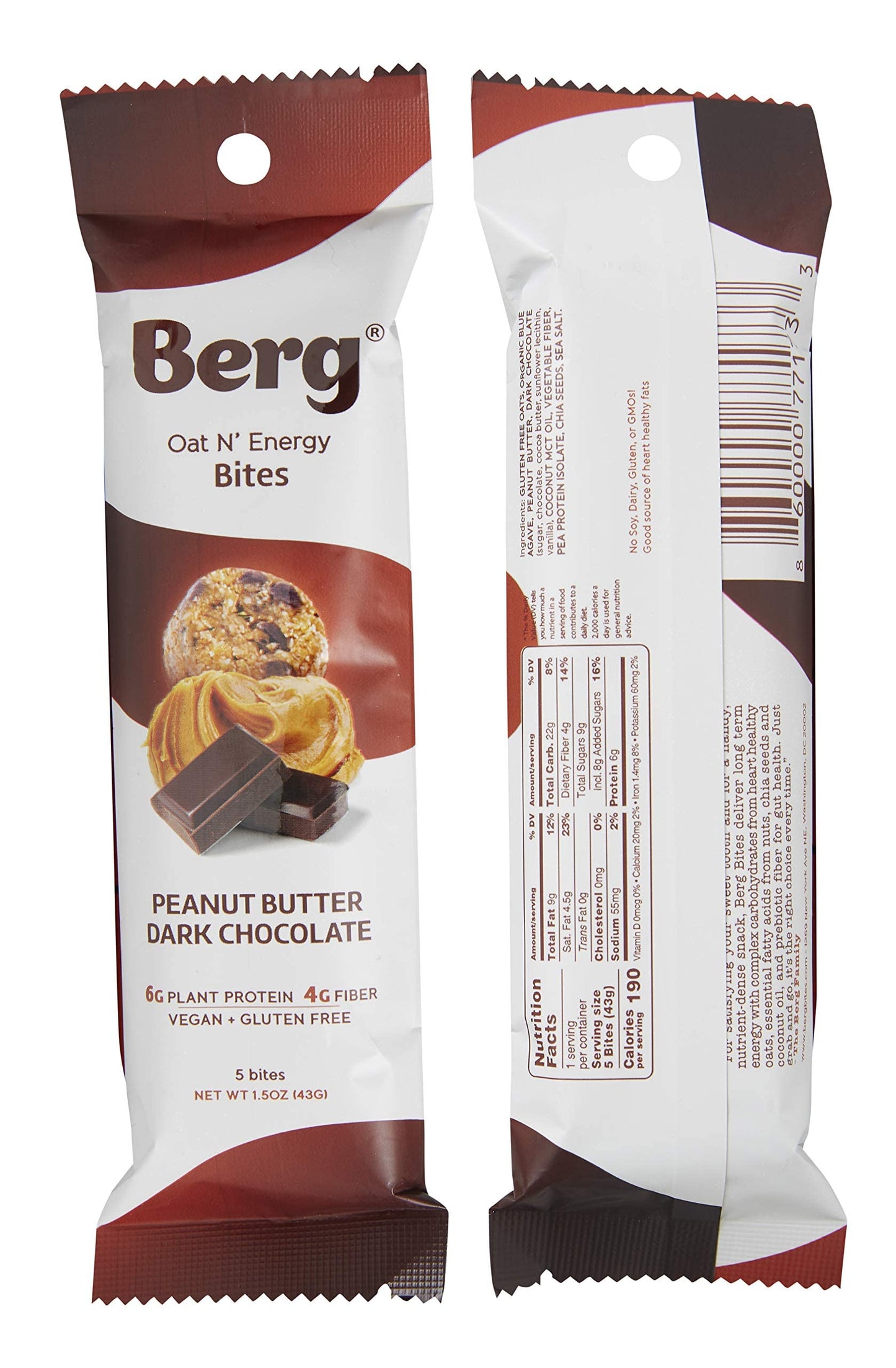 Berg Oat N Energy Bites - Non-GMO, Gluten Free, Dairy Free, Soy Free and Vegan - Clean Energy Snack - 1.5oz, Pack of 8 (Peanut 