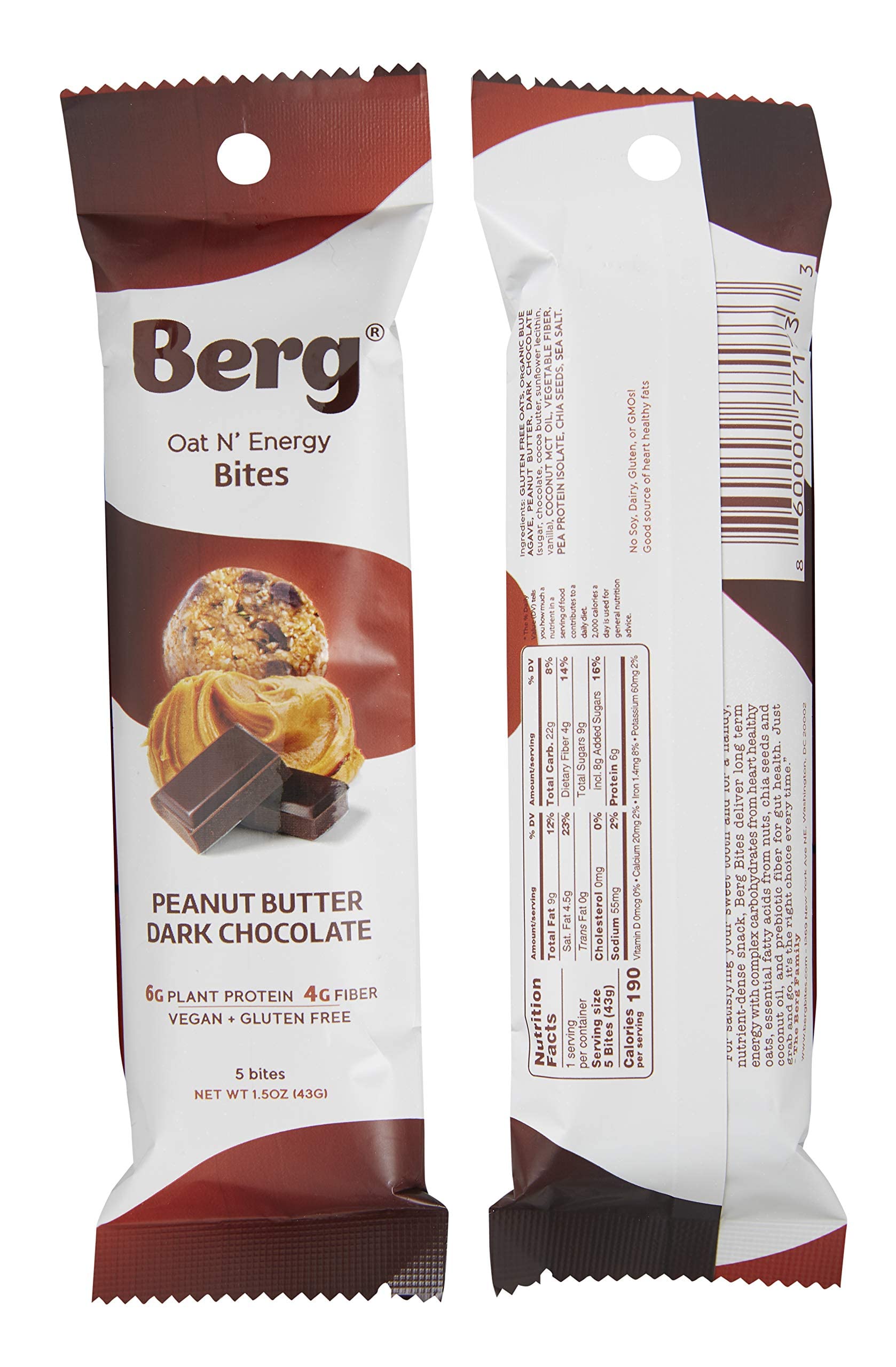 Berg Oat N Energy Bites - Non-GMO, Gluten Free, Dairy Free, Soy Free and Vegan - Clean Energy Snack - 1.5oz, Pack of 8 (Peanut 