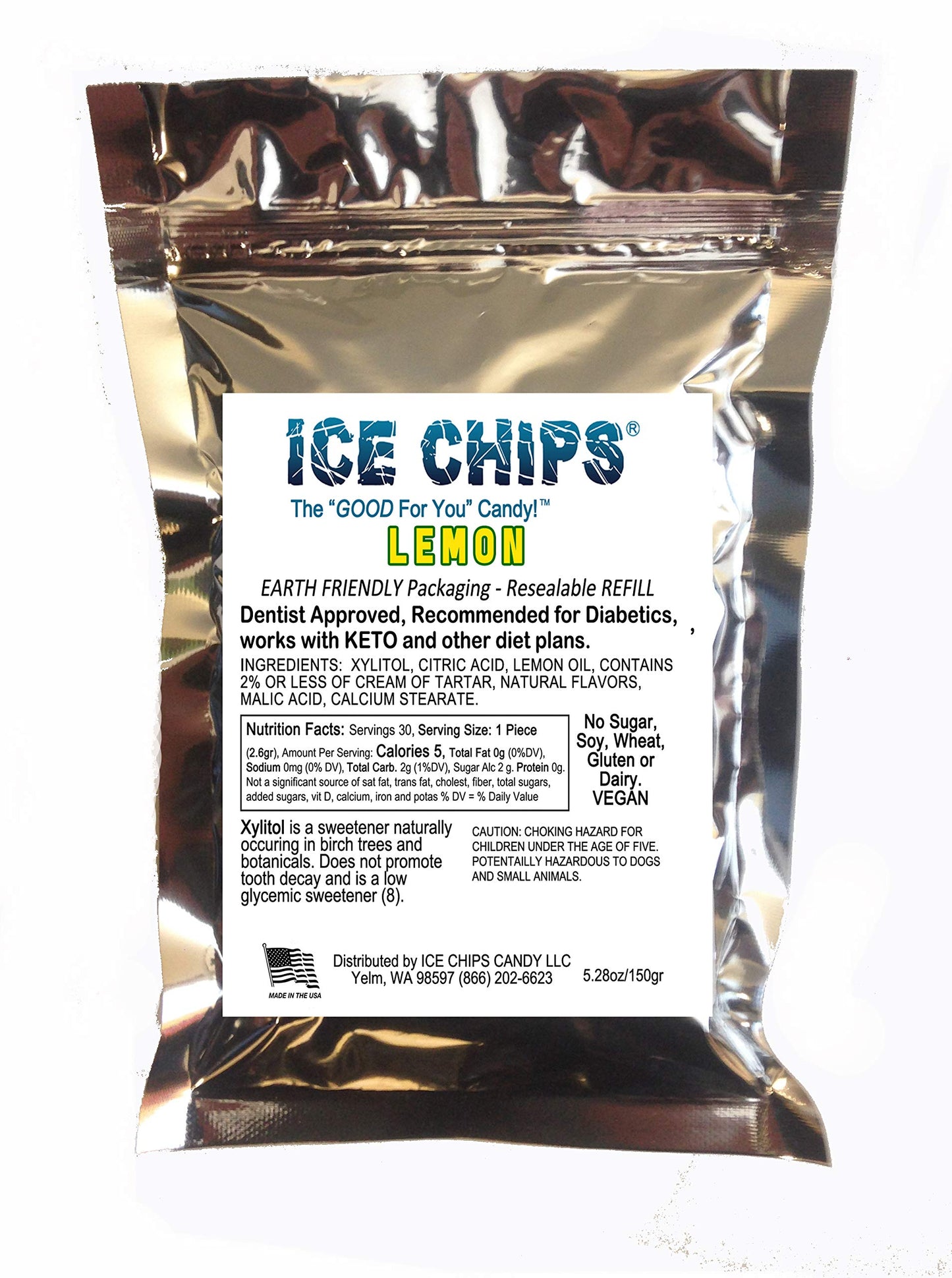 Ice Chips Xylitol Candy In Large 5.28 Oz Resealable Pouch; Low Carb & Gluten Free (Lemon)