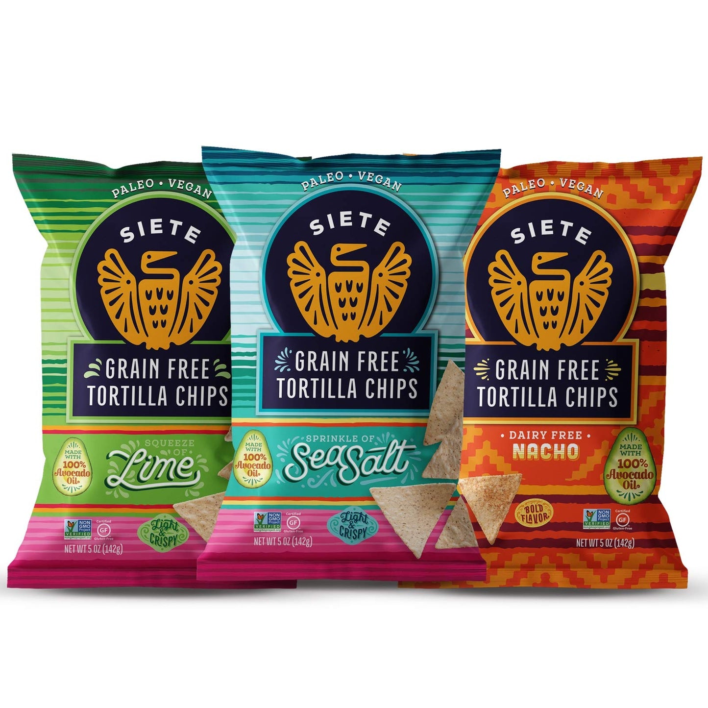 Siete Grain Free Tortilla Chips Variety Pack - Gluten Free, Paleo, Vegan, 5 Ounce (Pack of 6) - Lime, Sea Salt, Nacho Flavors