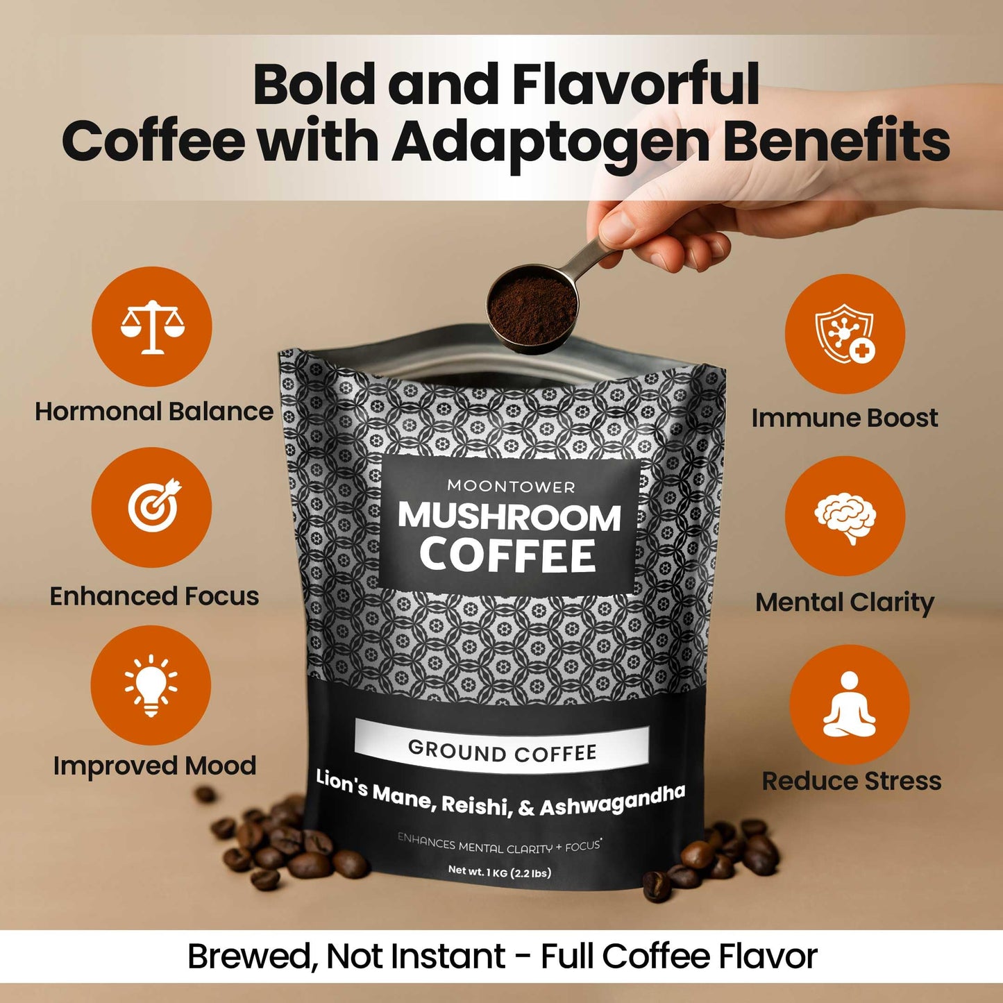 Moontower Mushroom Coffee - Adaptogen Blend with Ashwagandha & Lions Mane, 35 oz Ground Coffee for Focus & Clarity