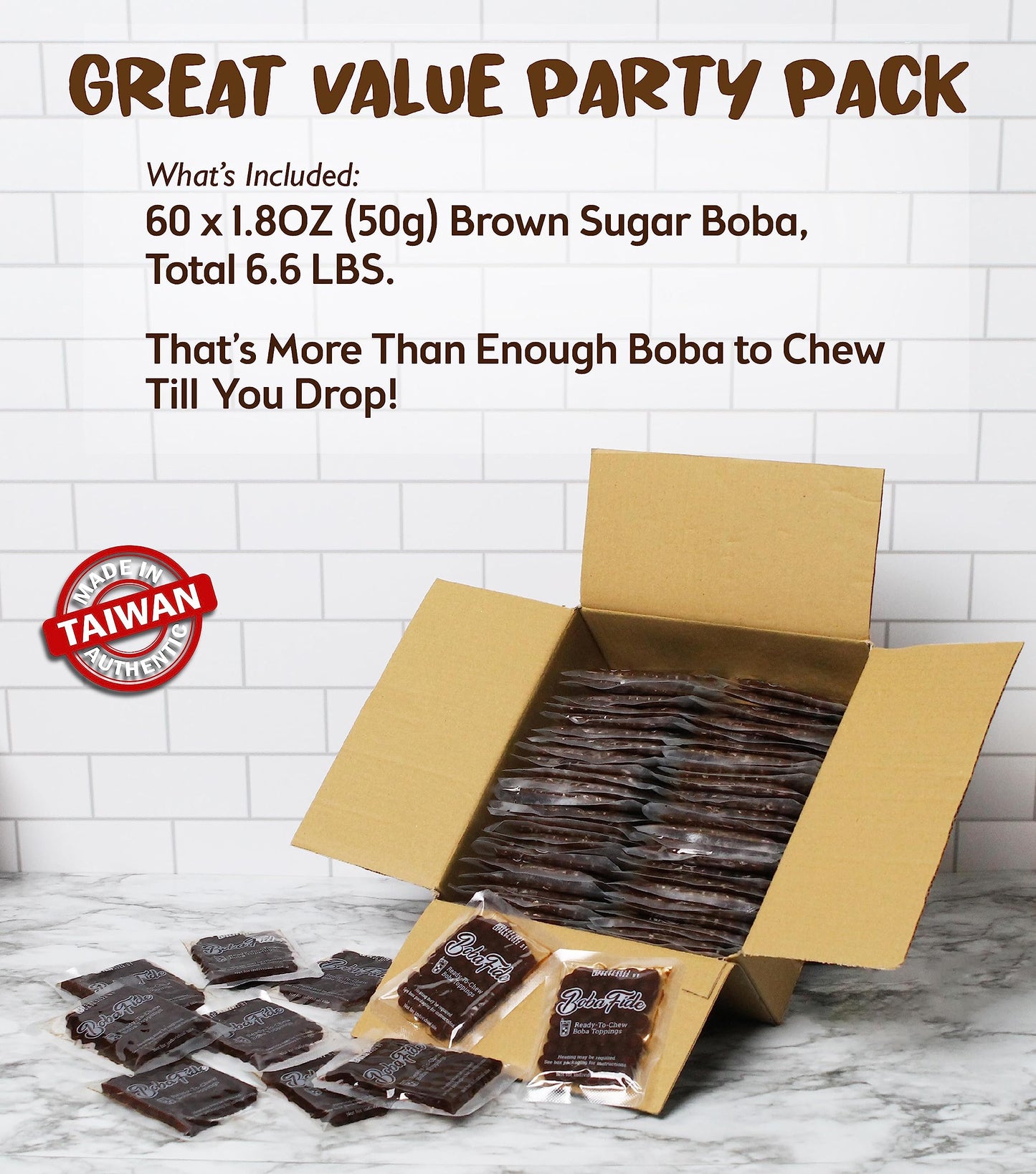 BOBA FIDE Instant Brown Sugar Boba Tapioca Pearls Bulk, 60 Packets of Black Tapioca Pearls in Brown Sugar Syrup for Boba Bubble