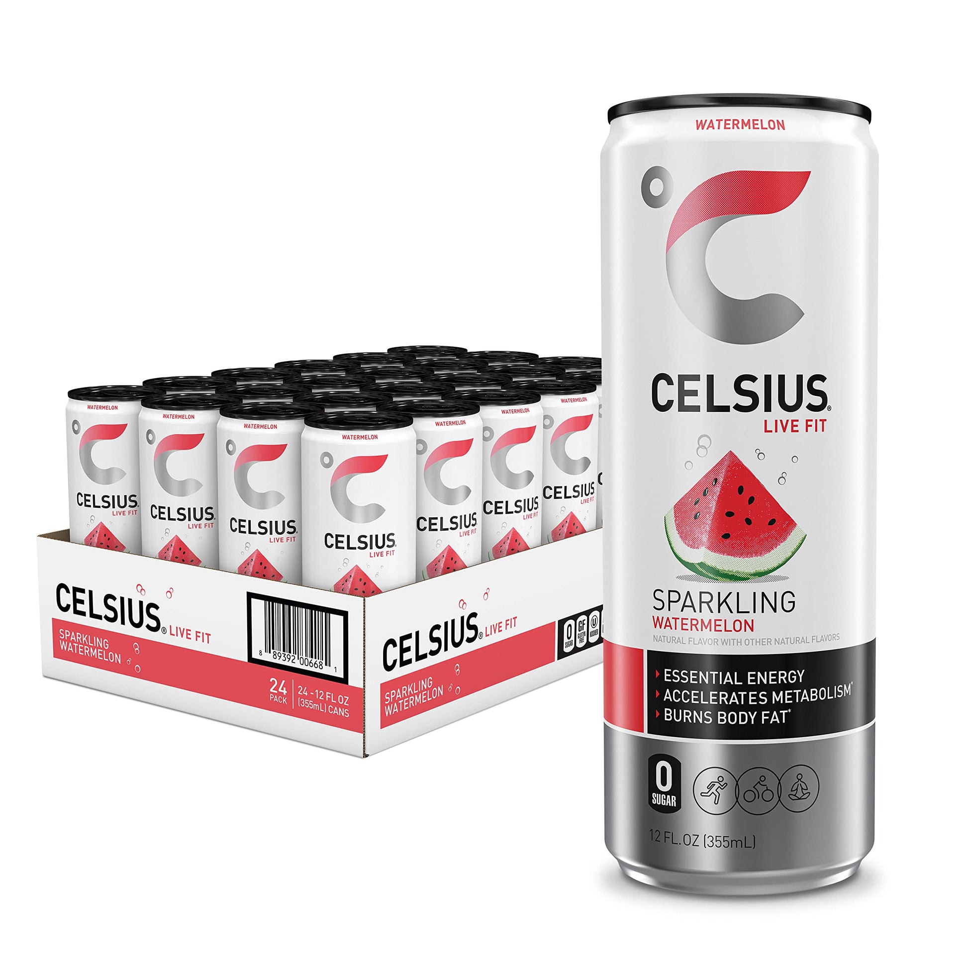 Celsius Sparkling Watermelon, Functional Essential Energy Drink, 12 Fl Oz (Pack Of 24)
