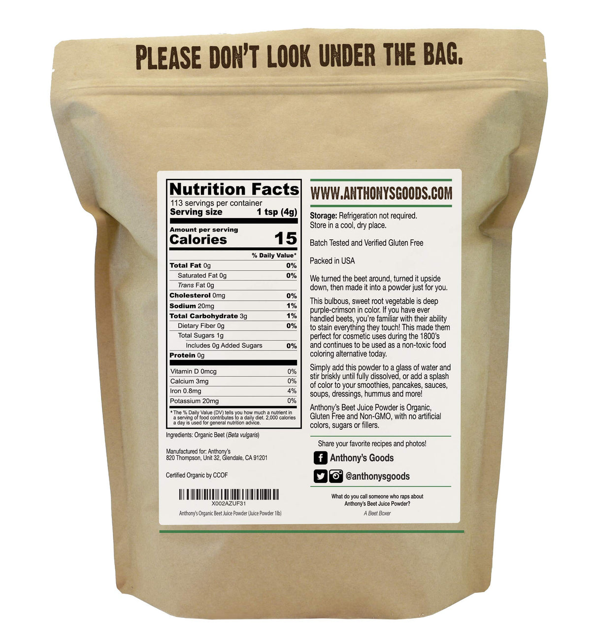 Anthonys Organic Beet Root Juice Powder, 1 lb, Gluten Free, Non GMO, Vegan Friendly