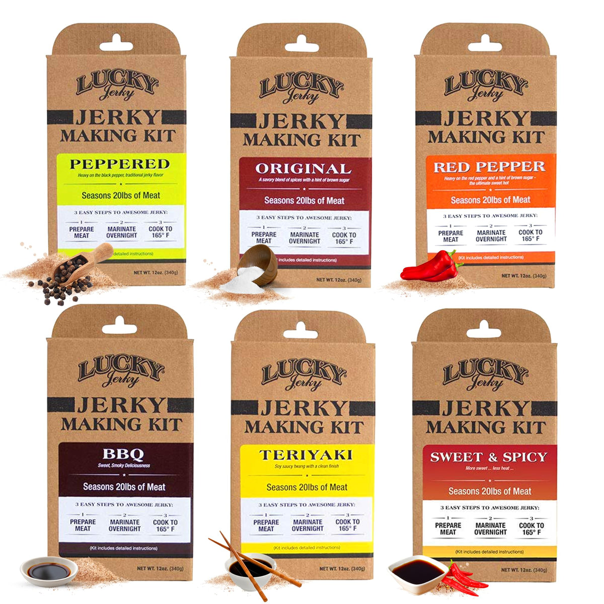Lucky Beef Jerky DIY Jerky Seasoning and Cure Kits - Variety Pack with Six Flavors | Make Your Own with Sweet and Spicy  Peppered  Red Pepper  Teriyaki  BBQ  and Original- Season 120lbs of Meat