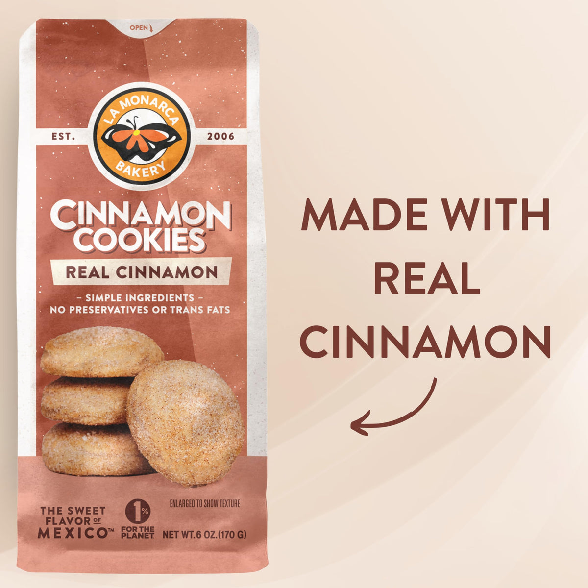 Cinnamon Cookies, 6 Ounce (Pack Of 3), Mexican Shortbread Cookies Lightly Dusted With Cinnamon And Sugar By La Monarca Bakery