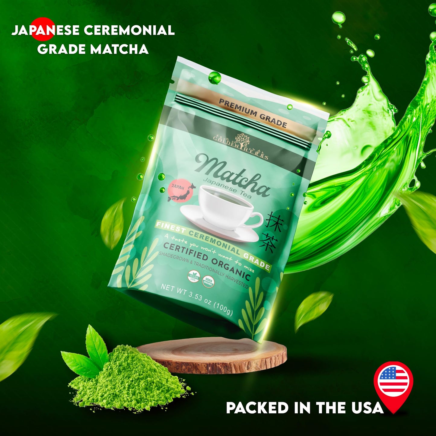 GOLDEN HERBS Matcha Green Tea Powder, USDA Organic, Gluten-Free, 100% Pure, 120 Grams, Resealable Pouch