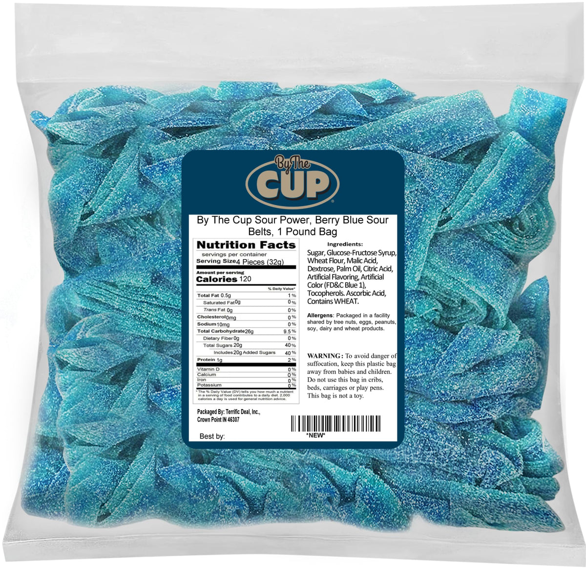 By The Cup Sour Power Berry Blue Sour Belts, 1 lb Bulk Bag
