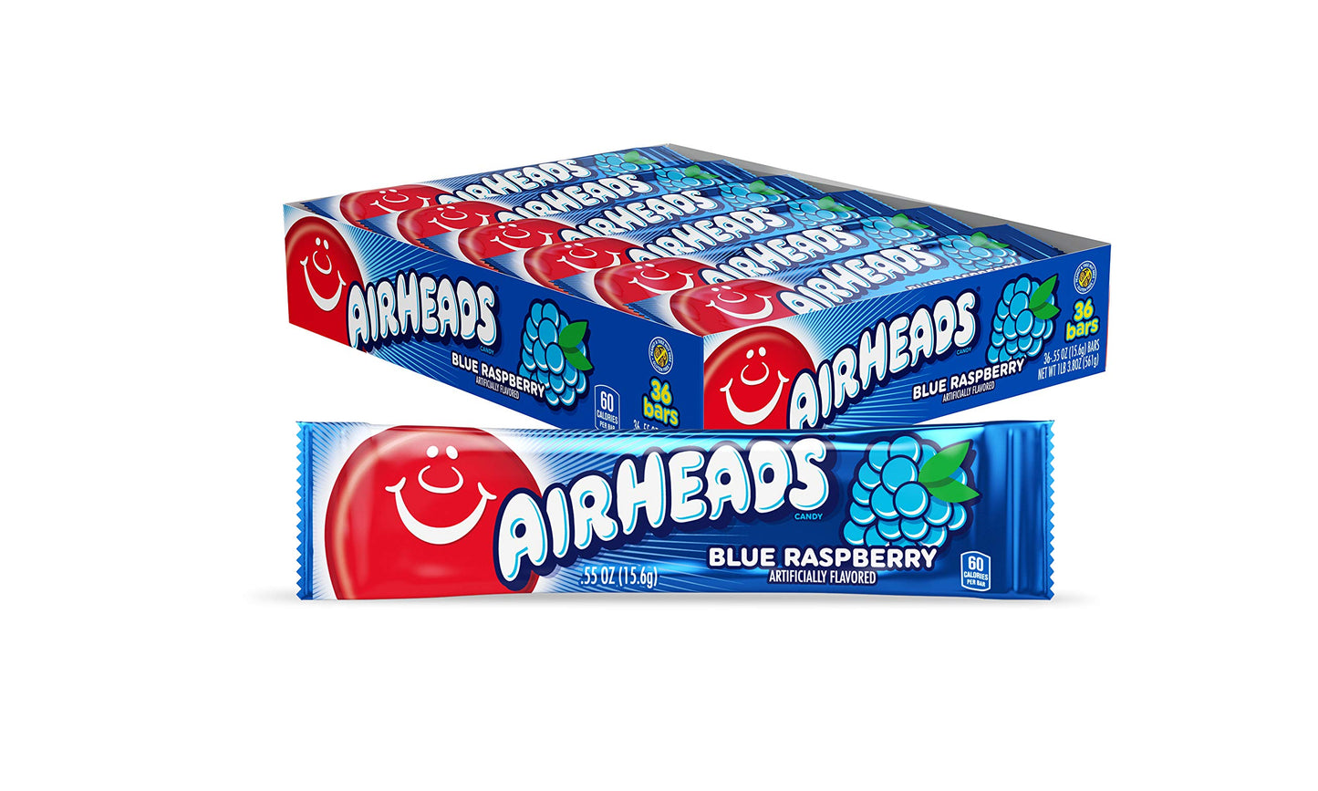 Airheads Candy Blue Raspberry Taffy, Individually Wrapped Full Size Bars, 36 Count