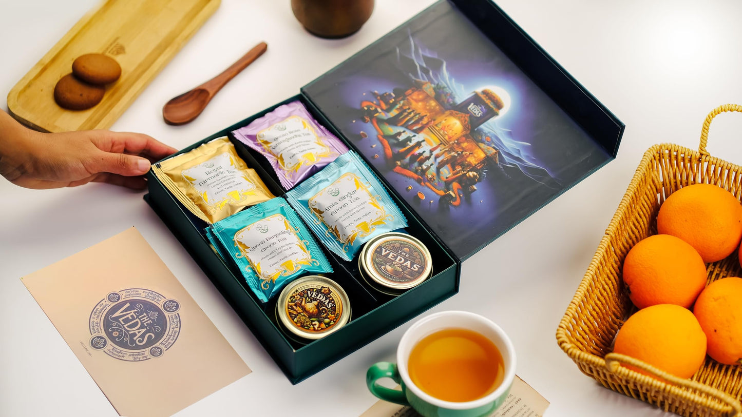 THE VEDAS Assorted Tea Sampler Gift Set | 10 Exotic Flavours | Premium Cotton Teabags | Festival of Teas