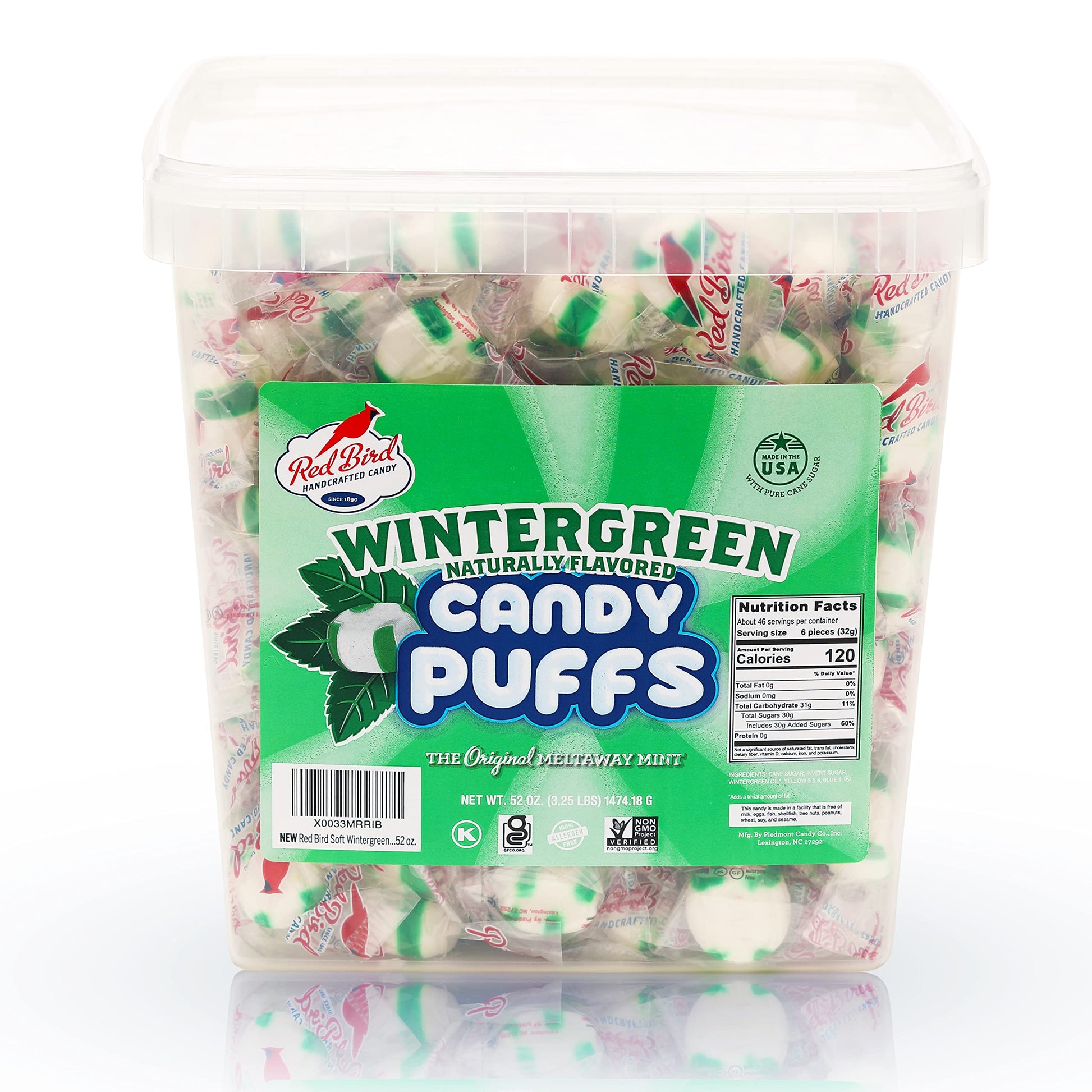 Red Bird Soft Wintergreen Puffs, Mints Individually Wrapped, Gluten Free, Kosher, Free from Top 8 Allergens, Made with 100% Pure