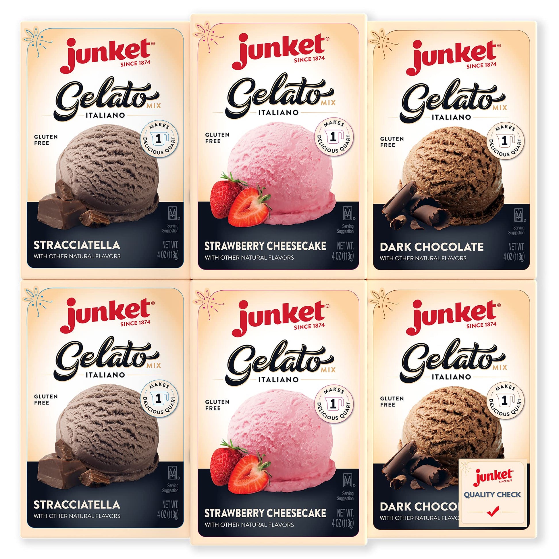 Junket Gelato Mix: Stracciatella (Vanilla Chocolate), Dark Chocolate, and Strawberry Cheesecake, Homemade Gelato Ice Cream Mix f