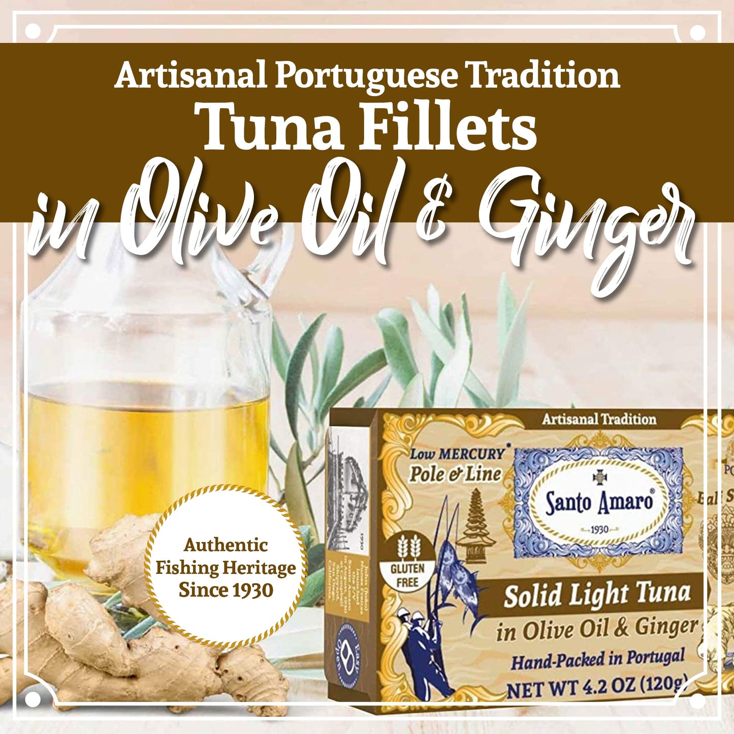 Santo Amaro Artisanal Wild Tuna Fillets in Olive Oil & Ginger, 4.2 oz (Pack of 6), Wild Caught, High Protein, Low Mercury