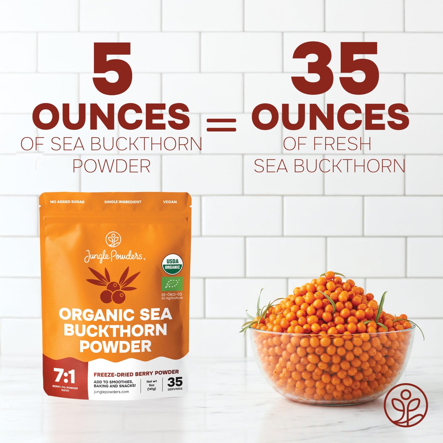 Jungle Powders Sea Buckthorn Berry Powder Organic 5 Ounce Bag - Antioxidant-Rich USDA Certified Freeze Dried Seabuckthorn High i