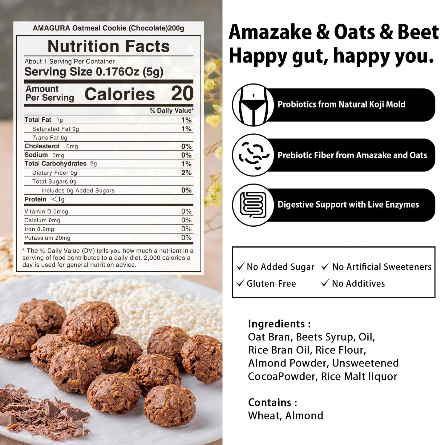 AMAGURA Amazake Japanese Oatmeal Cookies 7oz | Natural Healthy Cookies, Probiotics, Gut Health, Gluten Free, Sugar Free, Rich Nu