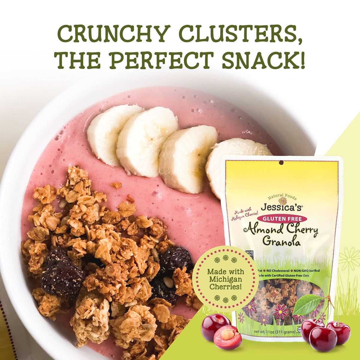 Jessicas Natural Foods - Gluten-Free Almond Cherry Granola made with dried Michigan cherries and toasted almonds, Non-GMO, no ar