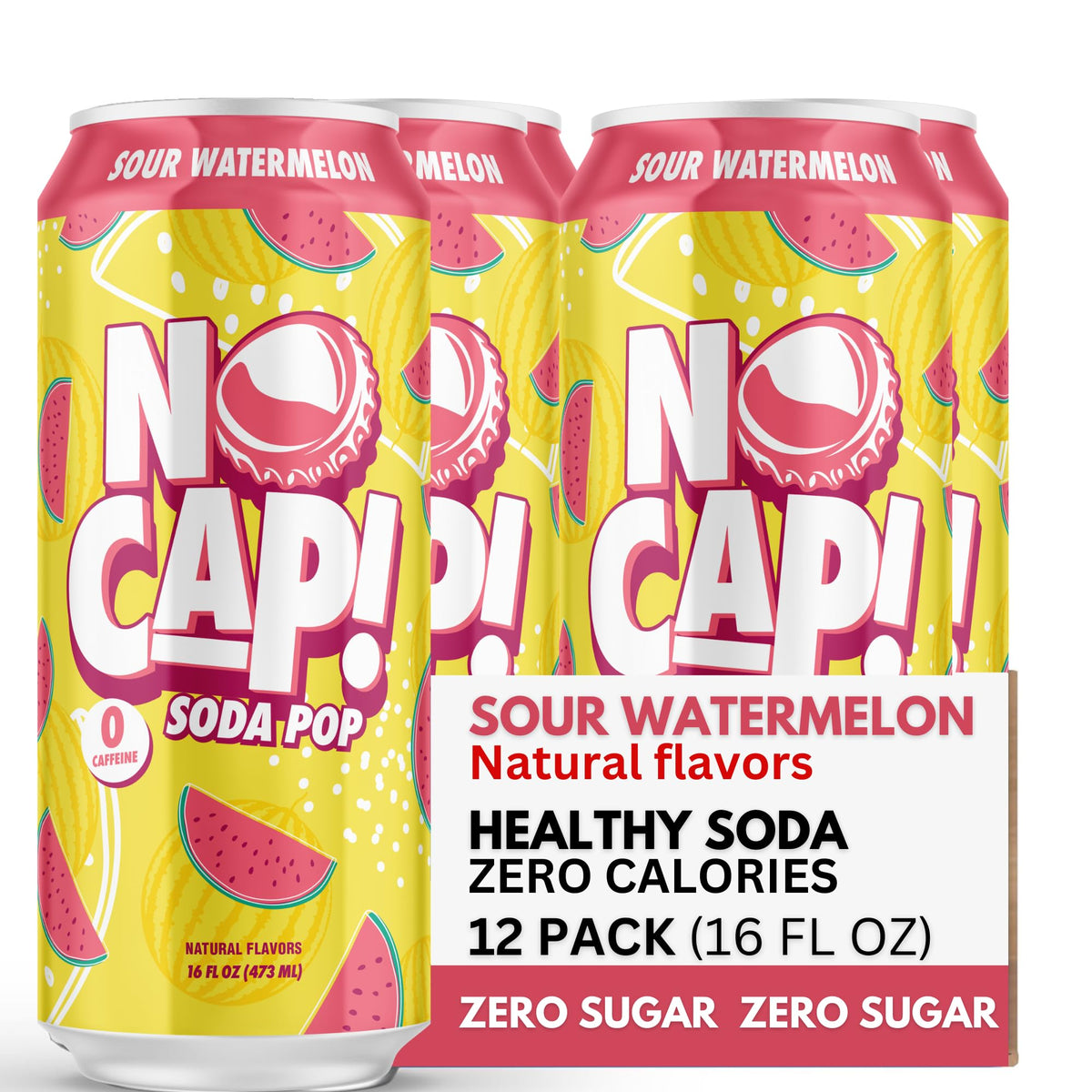 NO CAP! Healthy Soda - Zero Sugar, Zero Calorie, Caffeine Free, 16 Oz Cans, Sour Watermelon, 12 Pack