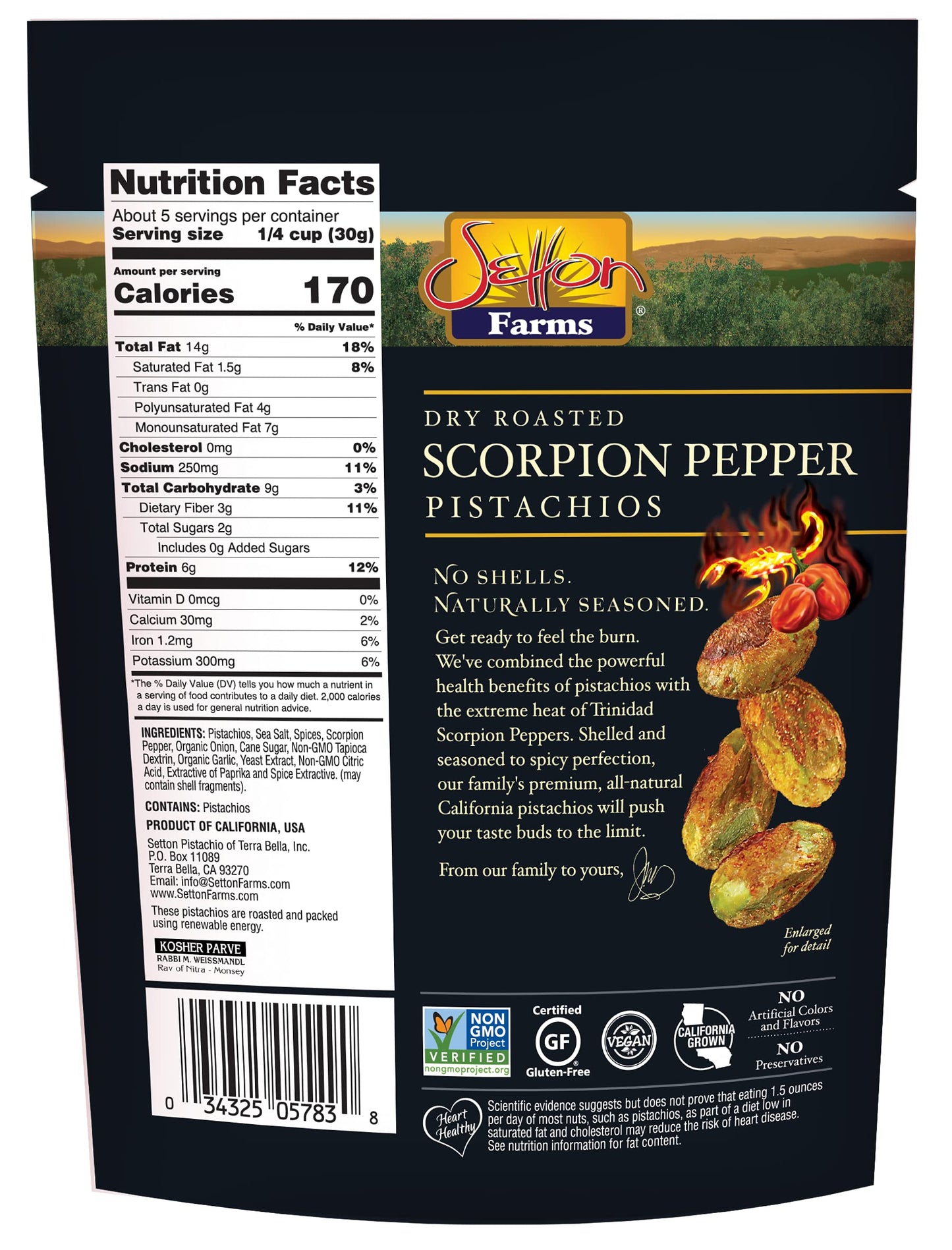 Setton Farms No Shell Pistachios, Scorpion Pepper Flavor, 5 oz, Pack of 8, Non-GMO, Gluten Free, Vegan, Kosher, Natural