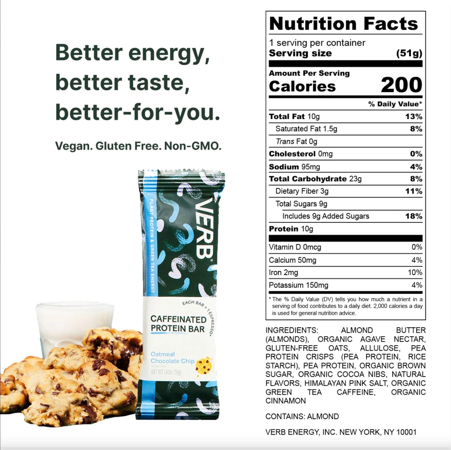 Verb Energy - Caffeinated Protein Bars Oatmeal Chocolate Chip 10G Plant Based Protein Bars High Protein - Vegan Snack - Gluten Free Breakfast Snack With Organic Green Tea, 51G (Pack Of 12)