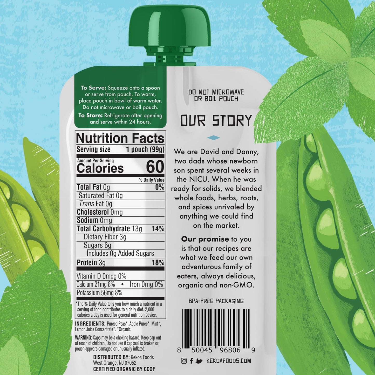 Kekoa Foods Peas & Mint Baby Food Purée | 100% Usda Certified-Organic Vegetarian Squeeze Pouch | Organic, Non-Gmo, Gluten-Free, Vegan | Fiber & Protein Boosting First Food For Babies | 3.5 Oz