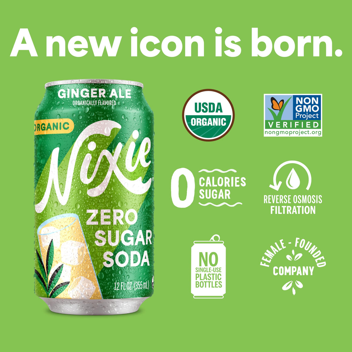 Nixie Organic Zero Sugar Soda, Ginger Ale, Non-GMO, Caffeine Free, 12oz Cans, 12 Pack