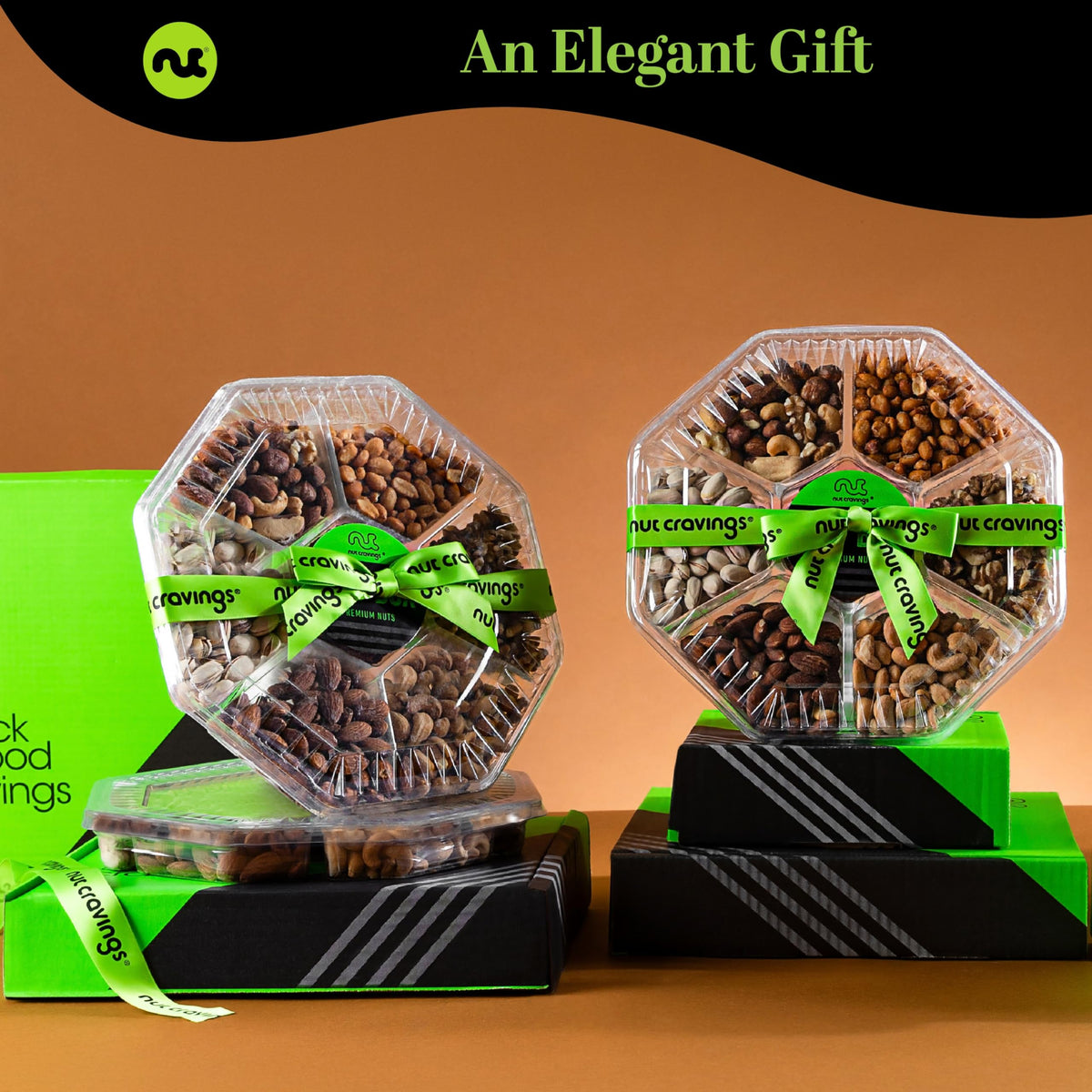 Nut Cravings Gourmet Collection - Rosh Hashana & Shana Tova Mixed Nuts Gift Basket + Green Ribbon (7 Assortments, 2.2 Lb) Arrang