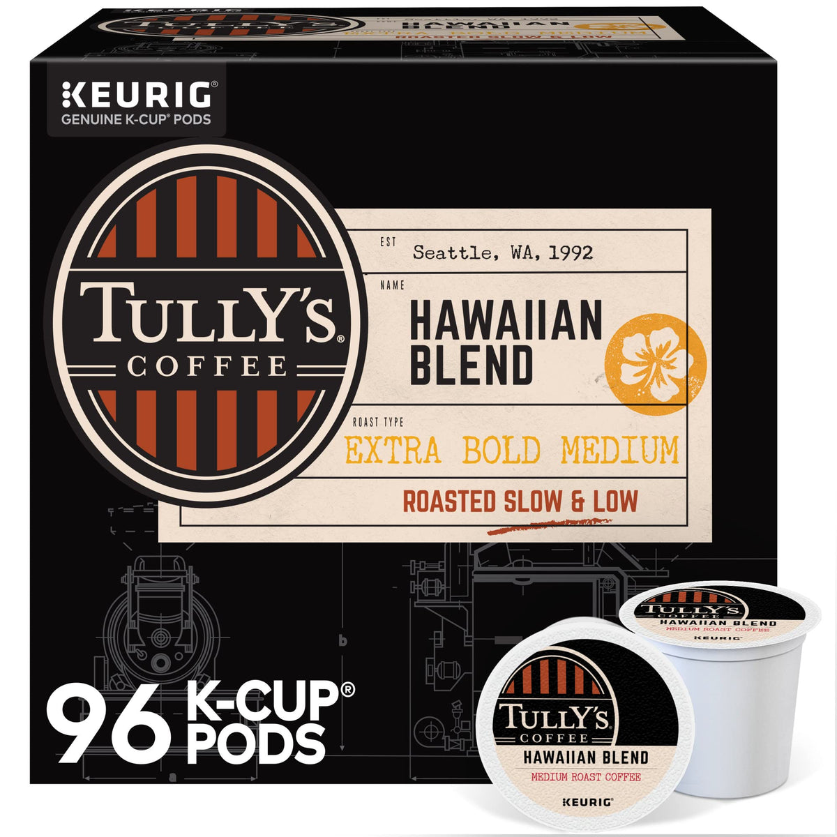 Tully'S Coffee Hawaiian Blend Keurig Single-Serve K-Cup Pods, Medium Roast Coffee, 96 Count