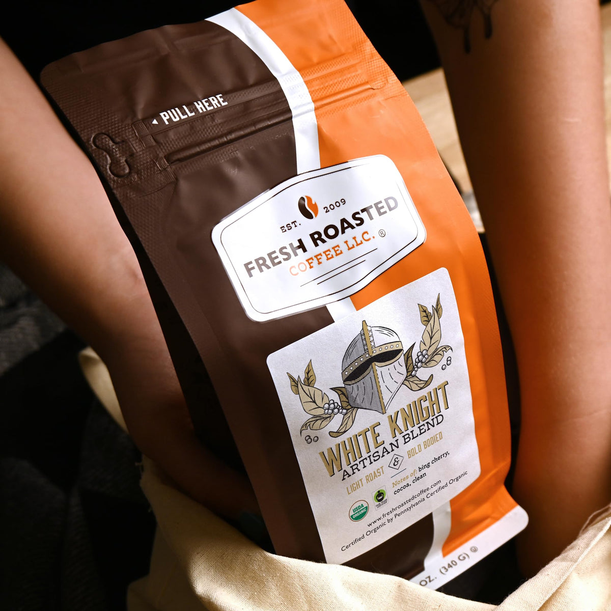 Fresh Roasted Coffee, Organic White Knight, 12 Oz, Light Roast, Fair Trade Kosher, Whole Bean
