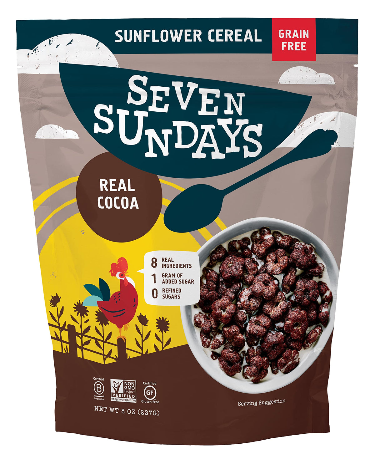 Seven Sundays Sunflower Cereal, Real Cocoa, 8 Oz Bag, Grain & Gluten Free, 5G Upcycled Protein, 1G Added Sugar, Crunchy Chocolat