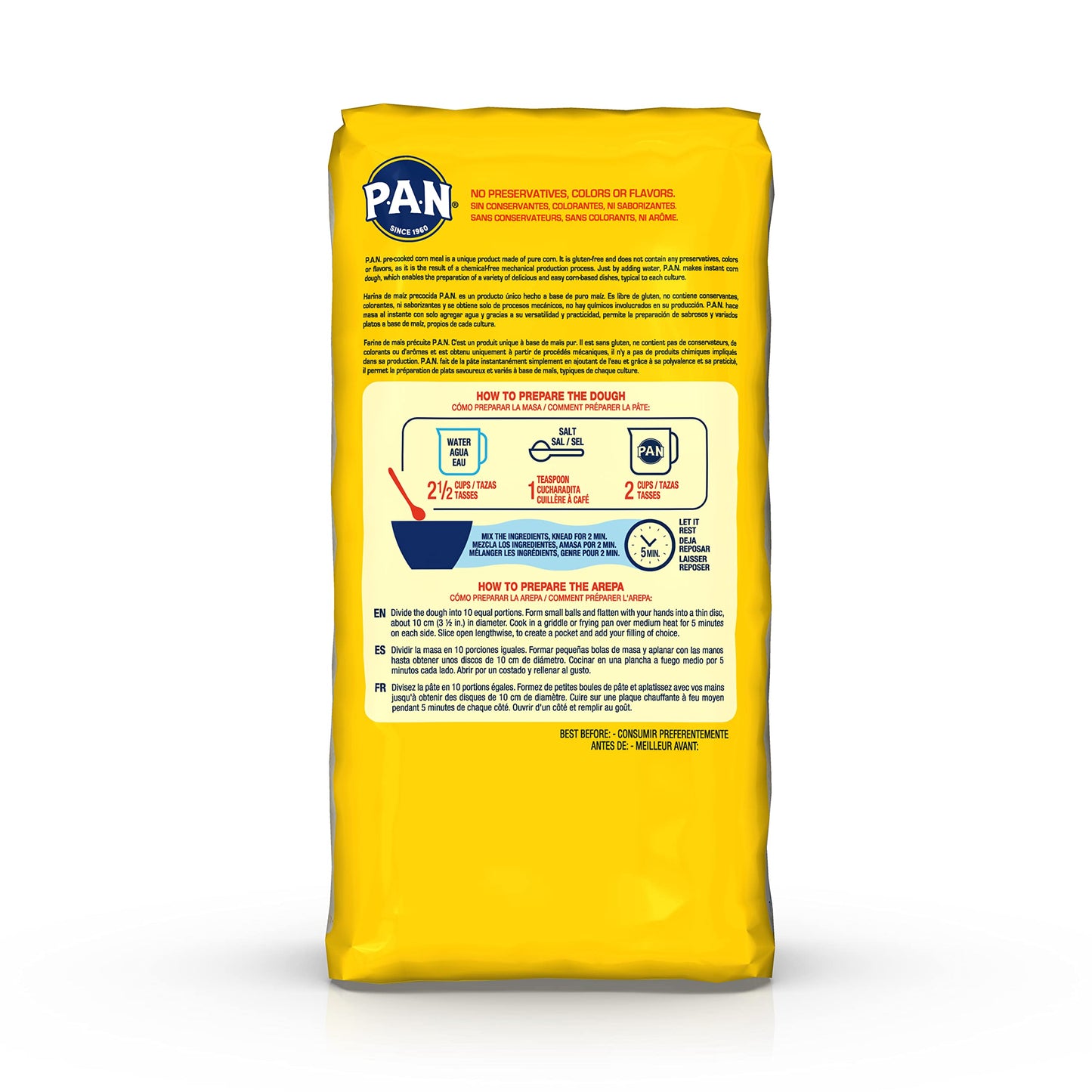 P.A.N. White Corn Meal     Pre-cooked Gluten Free and Kosher Flour for Arepas, 1 Kilogram (35 Ounces / 2 Pounds 3.3 Ounces) (Pac