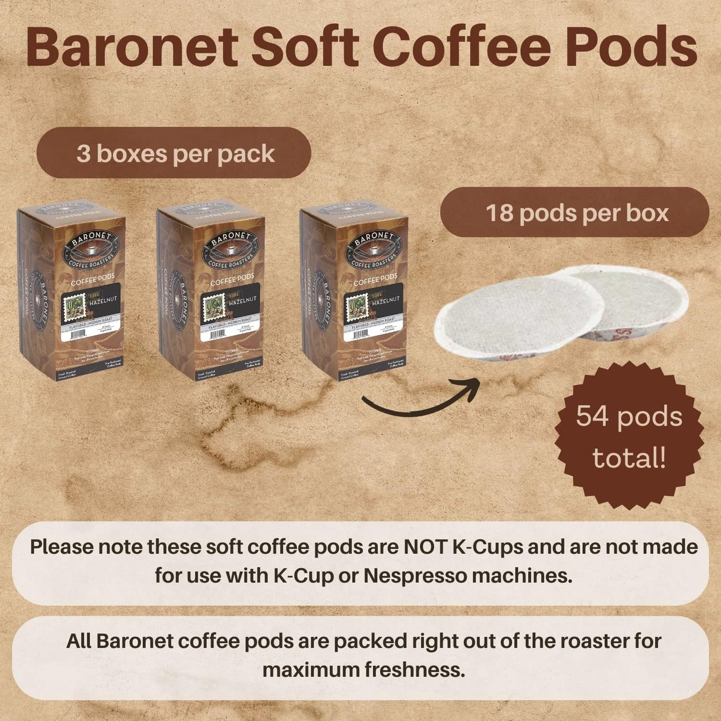 Baronet Coffee Hazelnut Pods - 54 Count, Flavored Single Serve, Regular Strength, Medium Roast