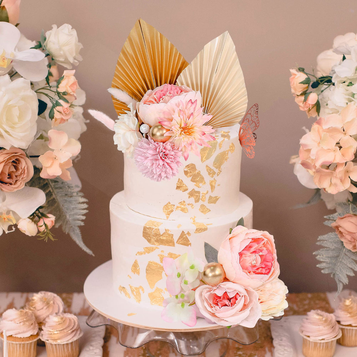 22 Pcs Boho Cake Topper Flower Cake Toppers Flower Palm Leaves Faux Flowers Butterfly Balls Butterfly Cake Topper Decorations Fa