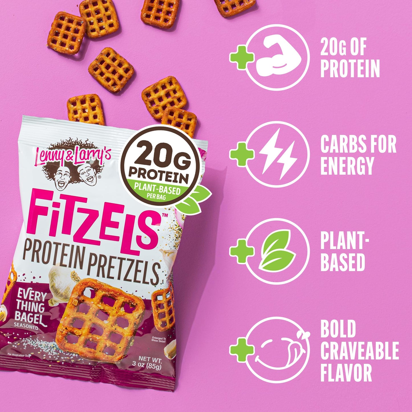 Lenny & Larrys Everything Bagel FITZELS- Savory Pretzel Snacks Incredibly Tasty, High Protein Salty, Vegan, Kosher 20 gs of Pl