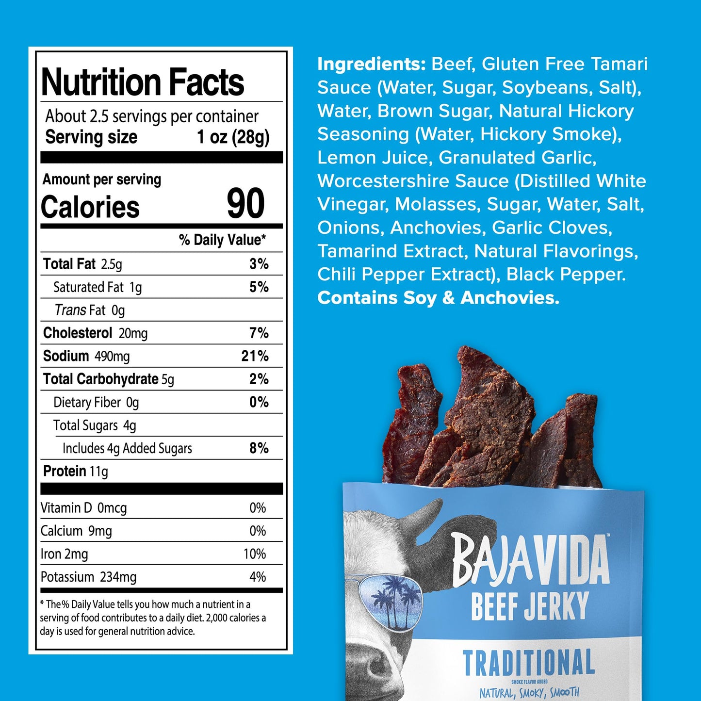 Baja Vida Traditional Beef Jerky - Beef Jerky Snack Packs, Healthy Jerky, Gluten-Free, All-Natural Beef, No Msg, Made In The Usa