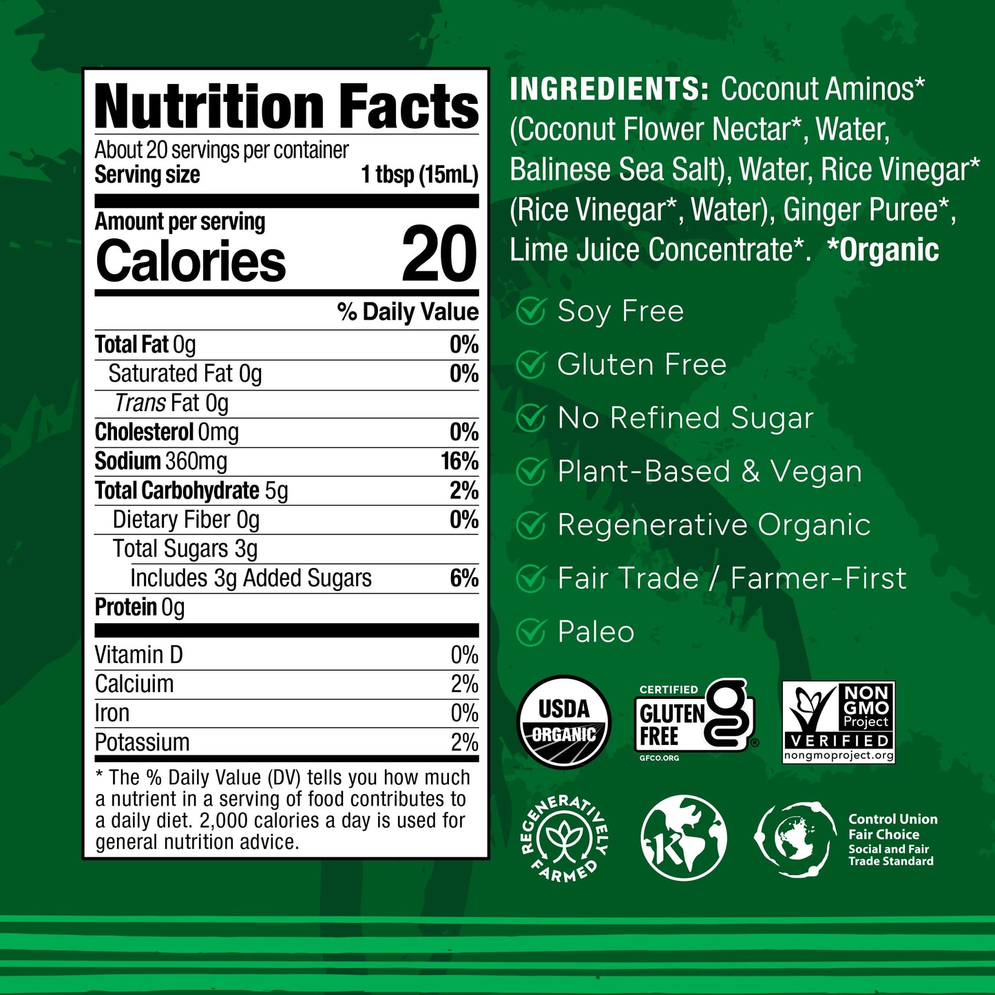 Big Tree Farms Organic Coco Aminos - Liquid Coconut Aminos, Soy-Free Sauce, Low Sodium, Soy Alternative, Gluten Free, Kosher, Marinade & Sauce, Non-Gmo - Gingery Lime, 10 Fl Oz (Pack Of 2)