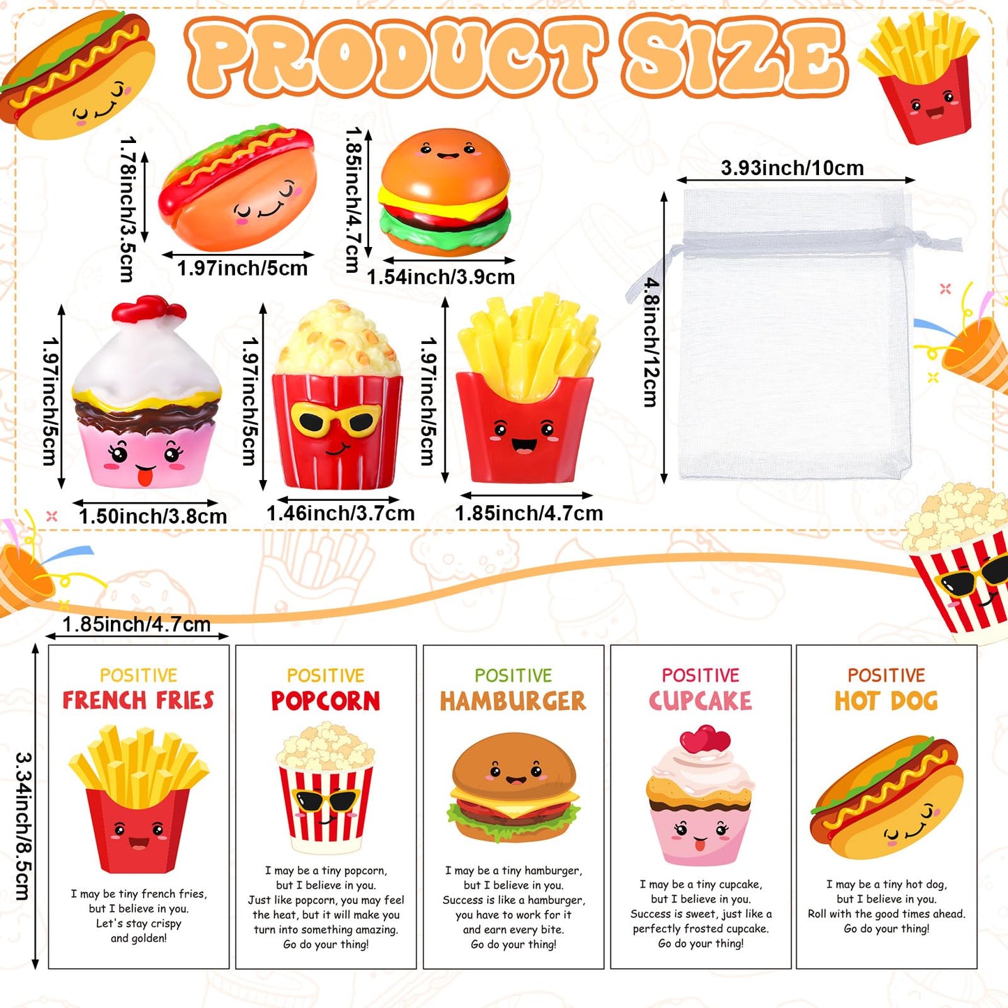 CroBlissful 100 Sets Inspirational Positive Food Mini Gifts for Coworker Bulk Hamburger French Fries Cupcake with Positive Card
