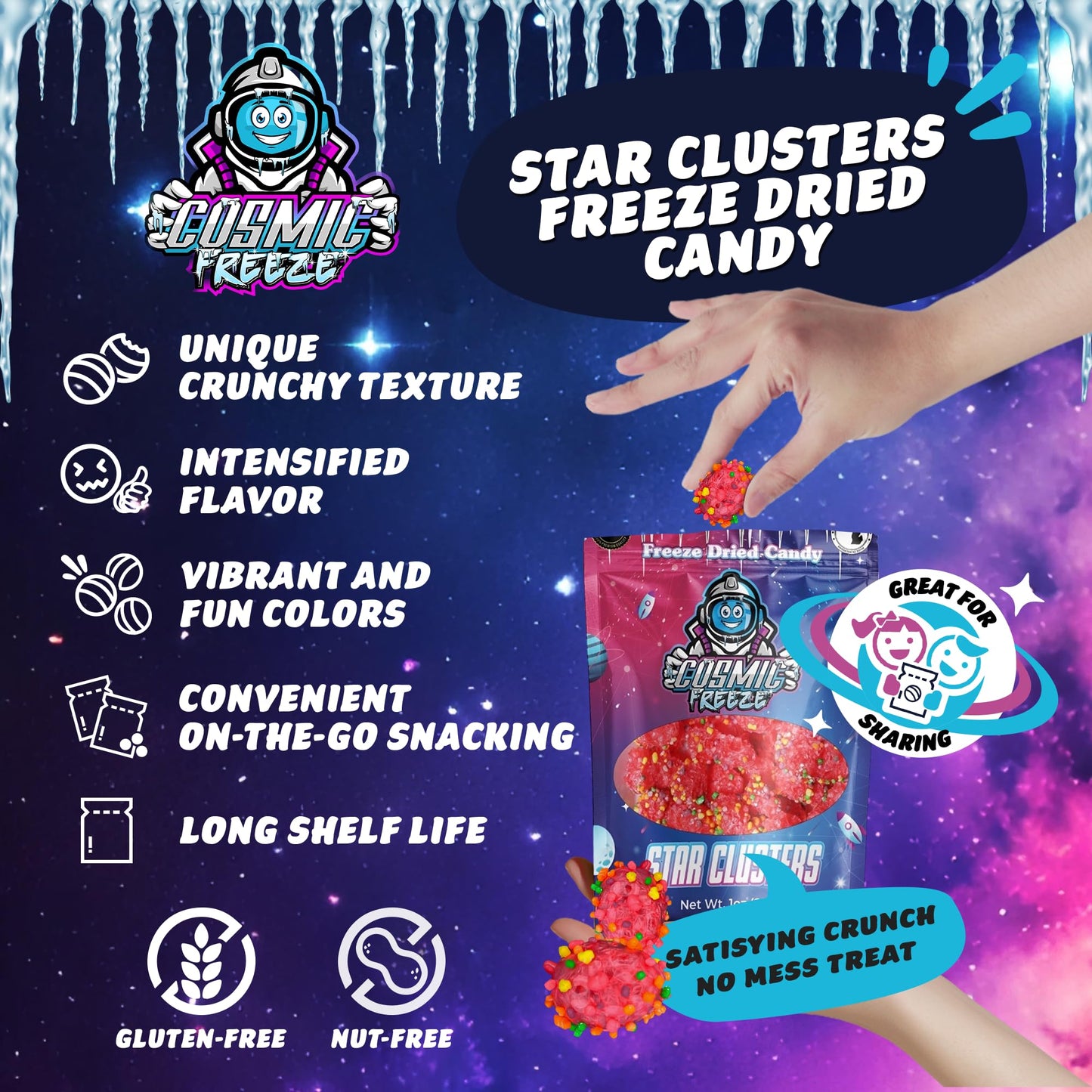Star Clusters Freeze Dried Candy Pack, Crunchy Dry Frozen Candy Freeze Dried For Mix-In Snacks, Gluten-Free, Made In Usa, 1.0 Oz