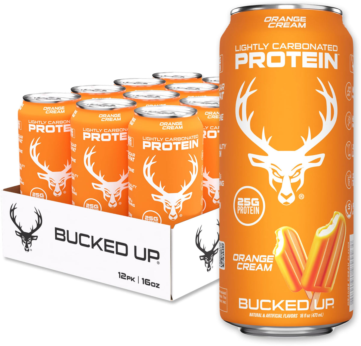Bucked Up Protein Soda - Lightly Carbonated, Zero Sugar, 25g Whey Isolate - 12 Pack, 16 oz Cans (Orange Cream)